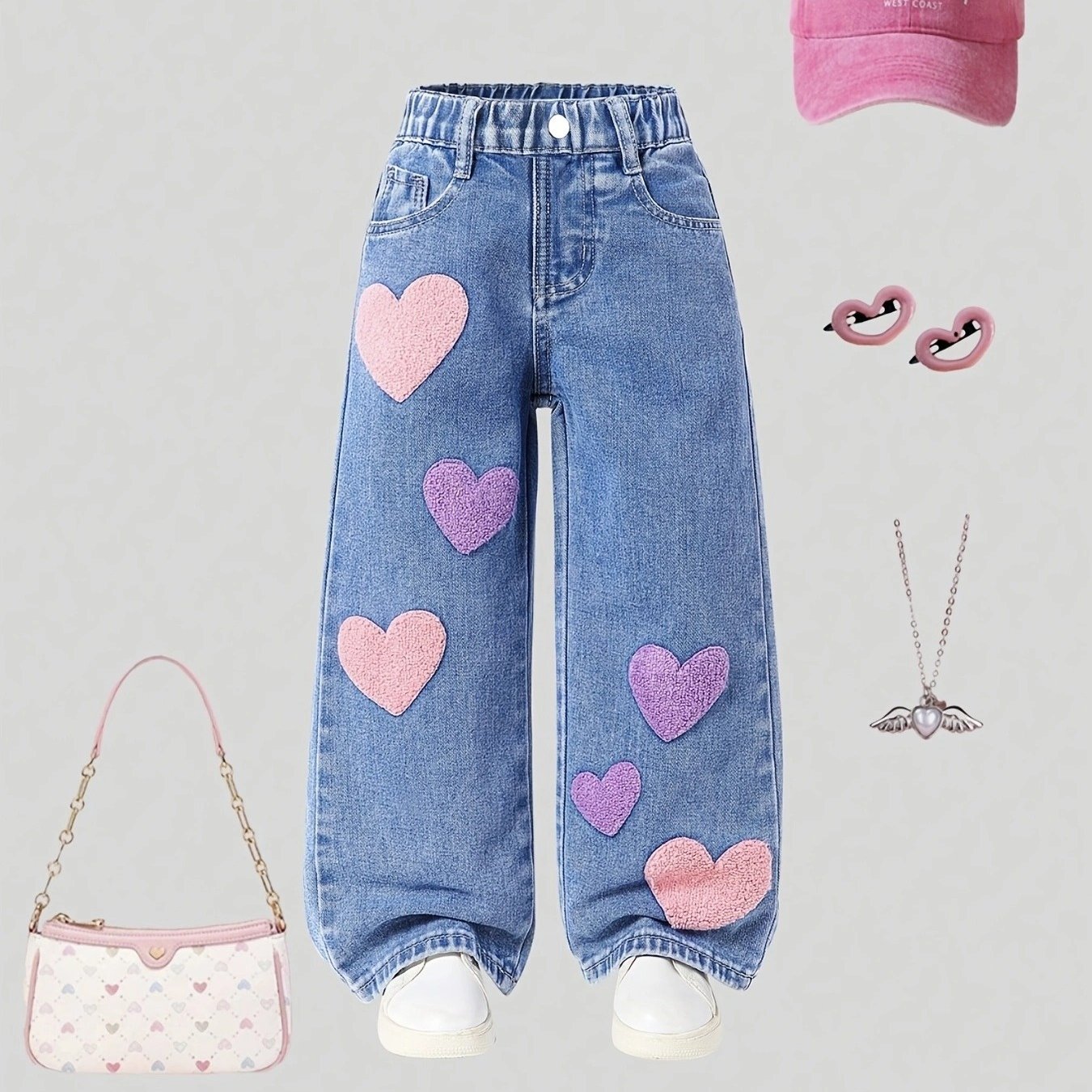 Image of Children's Jeans With Sweet Heart-shaped Patch Decoration, From Denim Fabric Skin-friendly, Comfortable, And Non-restrictive. Featuring A Relaxed Straight-leg Cut For . The Elastic Waistband Ensures