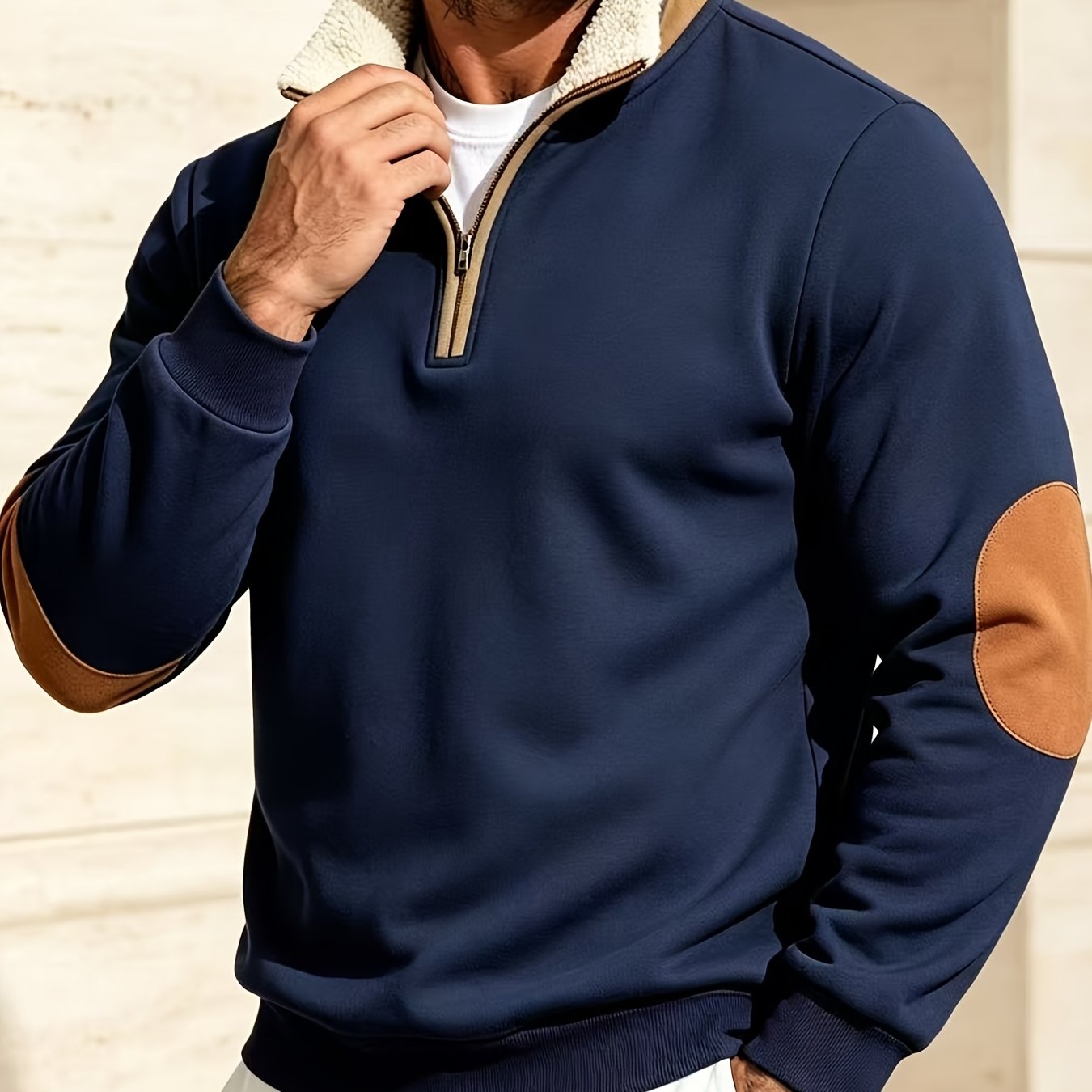TEMU 2026 Heren Nieuw Herfst Winter Half-Zip Stand Collar Sweatshirt Herfst Winter Elleboog Patch Decoratie Lange Mouw Pullover Casual Top