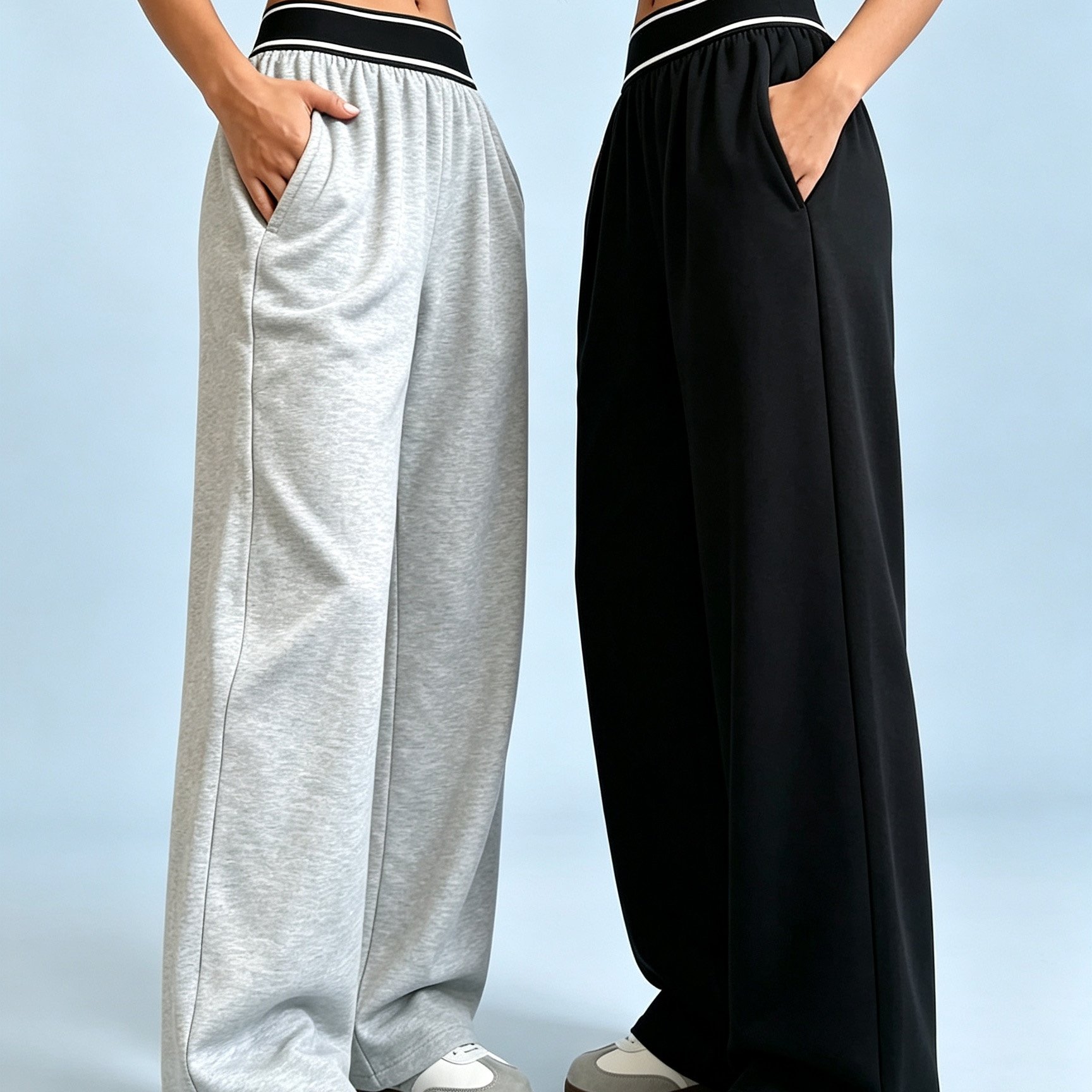 TEMU 2pcs Pantalons droits stretch pour femmes, blocs de couleurs, ceinture éclair pour une tenue tendance, poches latérales, coupe ample pour un