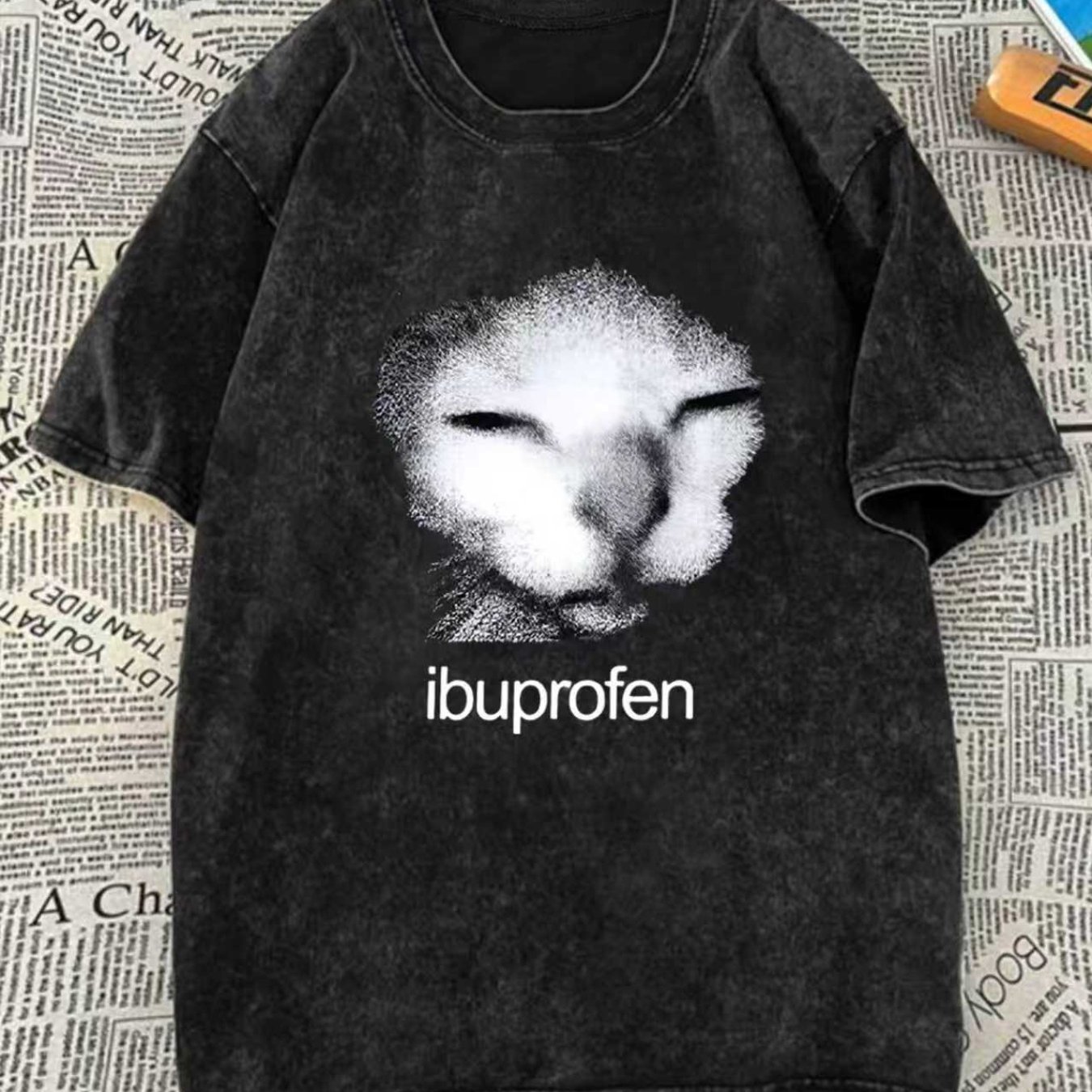 Cat Print Loose Round Neck Fashion Women's Wash Short Sleeve.