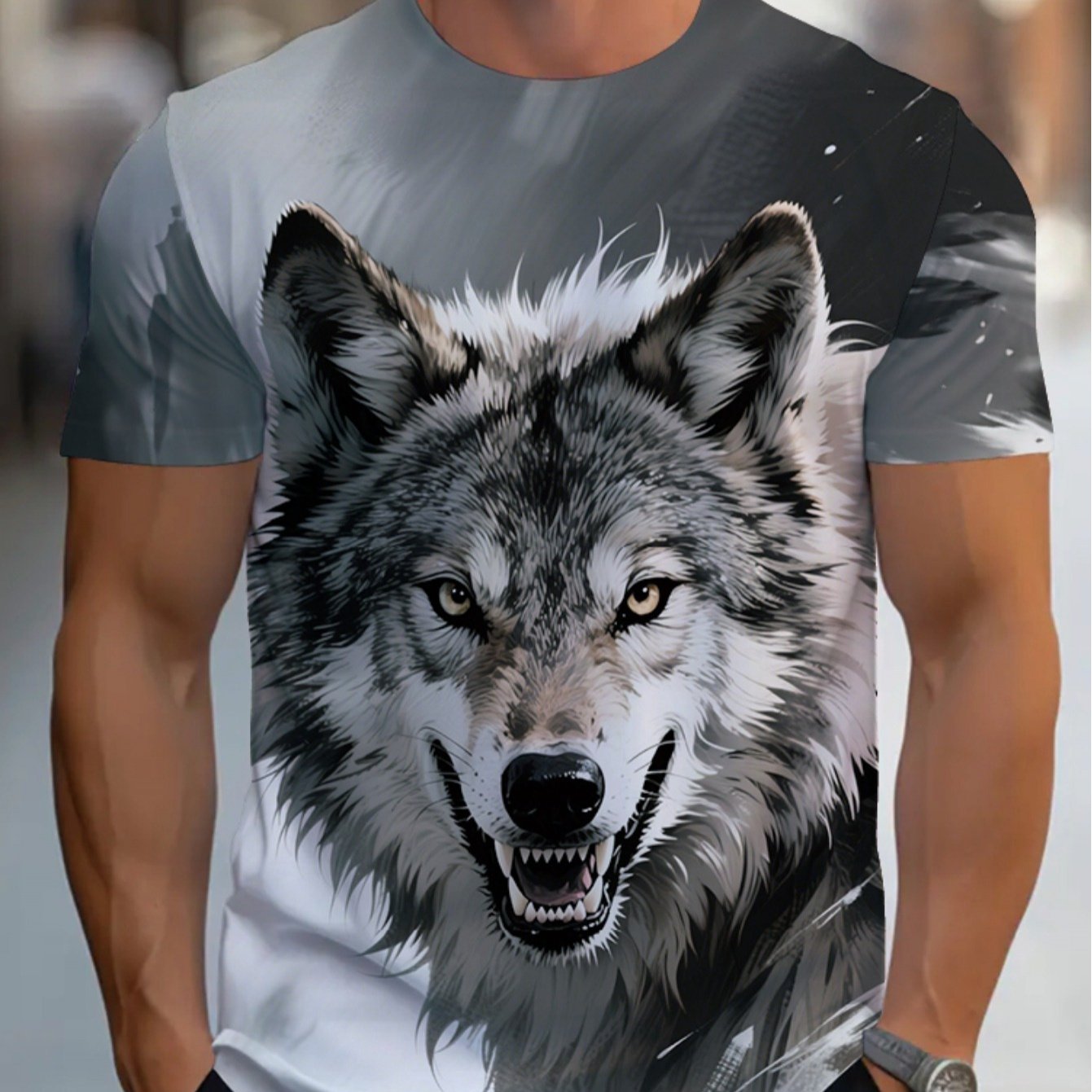 TEMU Men's Casual Sports T-shirt With Strong Wolf - Artistic Inspiration, , Suitable For Daily Wear And Fitness Activities, Vivid Print, Breathable