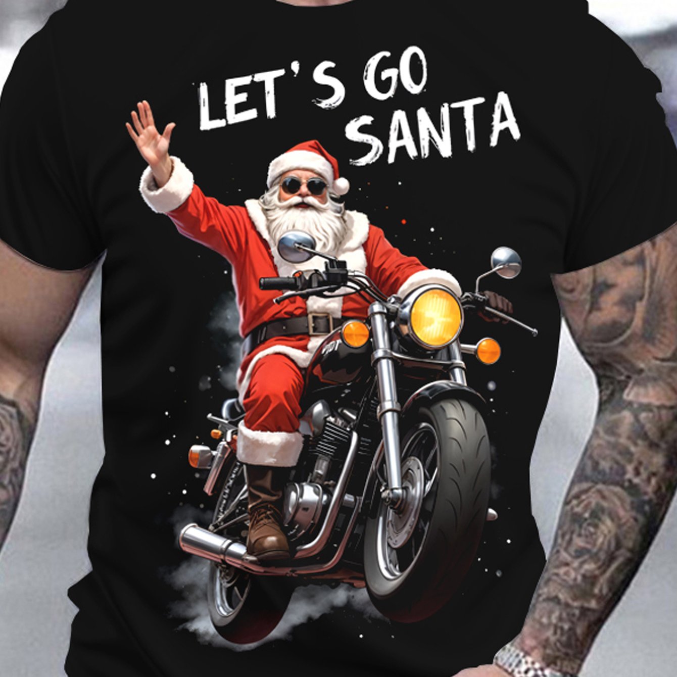 TEMU Men's Round Neck Short-sleeve T-shirt Featuring A Santa Claus Riding A Motorcycle, Perfect For Casual Summer Outdoor Wear