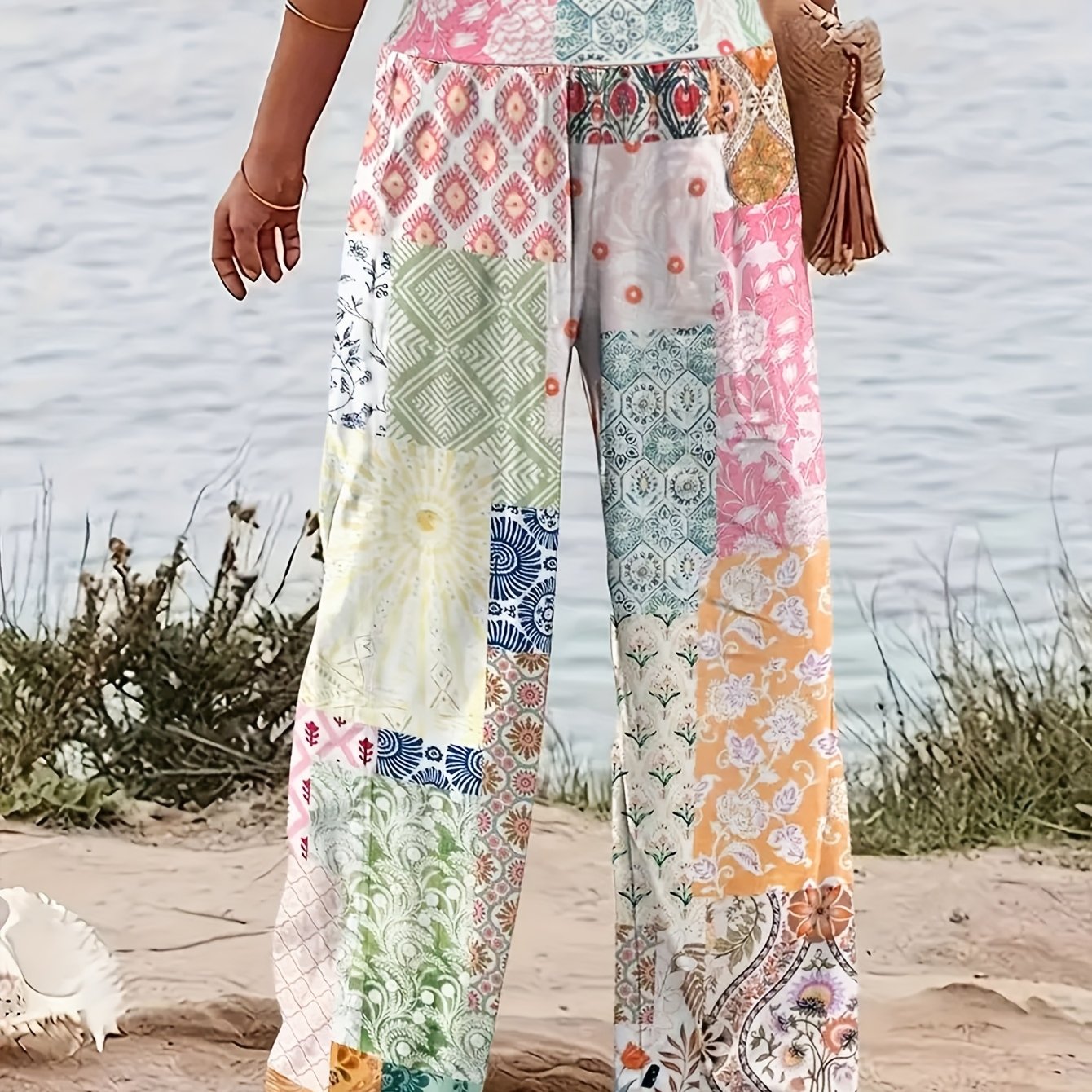 TEMU Women's Colorful Floral Panel Wide Leg Pants - Lightweight Polyester, Loose Fit, Vibrant Spring And Summer , The Beach Or Casual Wear, Beachwear Bottom | | Pastels