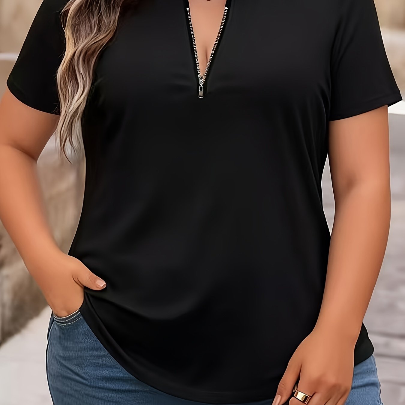 TEMU Plus Size - Plus Size - European And American Cross-border Plus Size Women's Zipper T-shirt