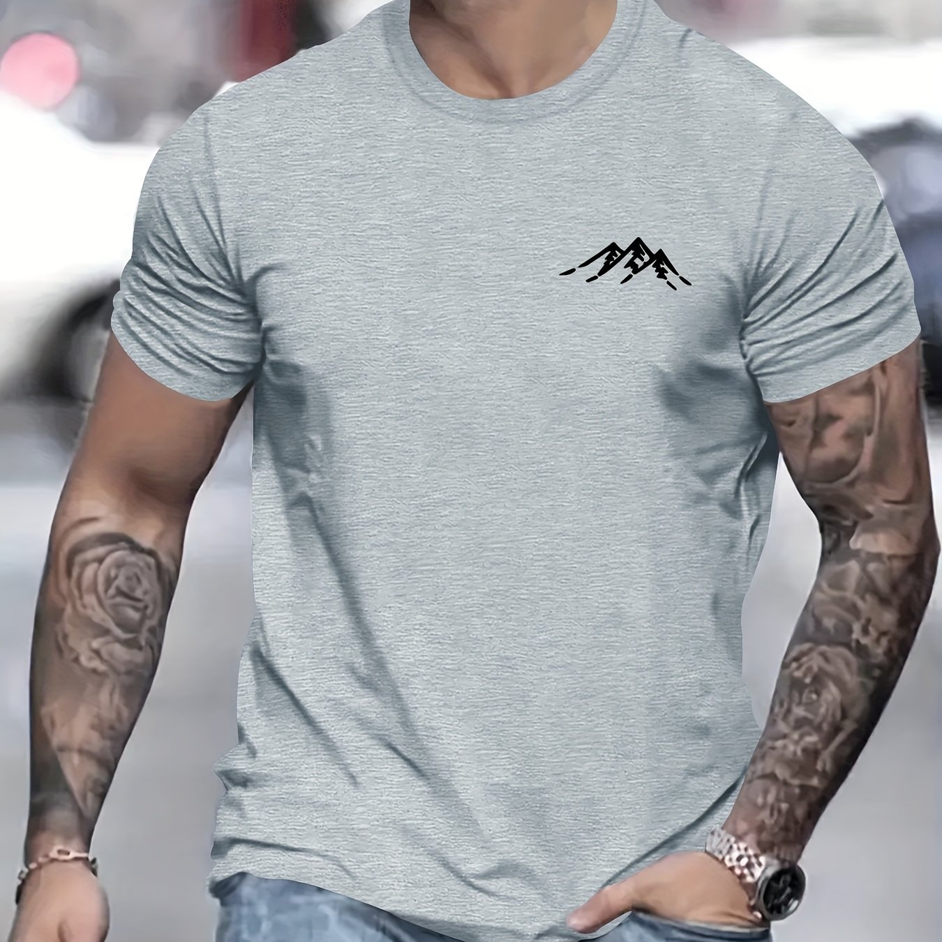 TEMU Mountain Creative Novelty T-shirt For Men, Short Sleeve Summer& Spring Top, Fit, Stylish Streetwear Crew Neck Tee For