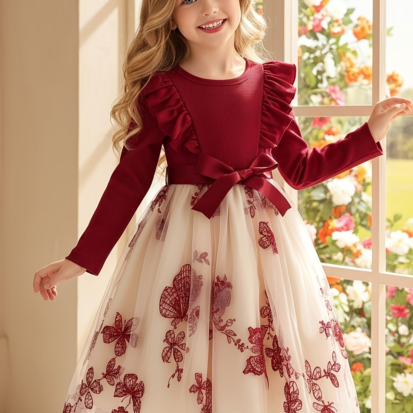 Image of Girls' Long Sleeve Dress Spring Autumn Mesh Embroidered Dress Little Girl Fashionable Little Flutter Sleeves Bow Princess Dress