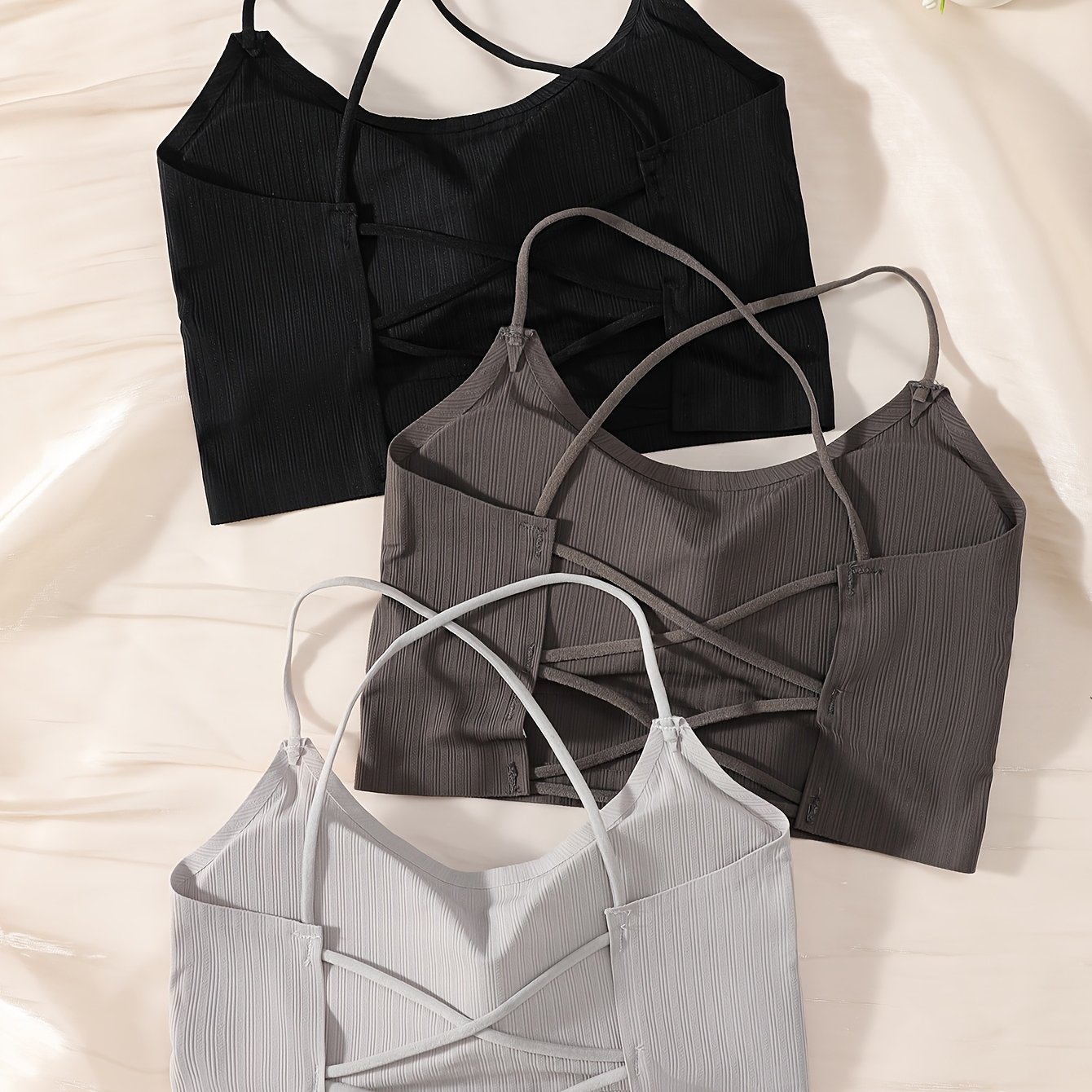 3-pack Women's Breathable Backless Spaghetti Strap Yoga Stretch Sports Bras, Worn As Outerwear