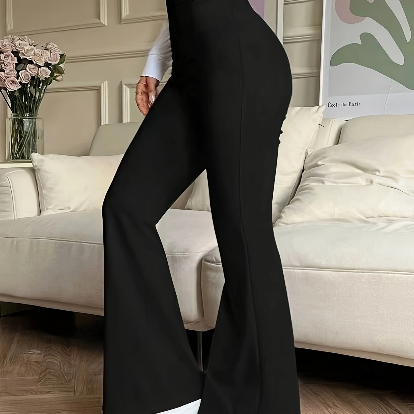 TEMU High-waisted Flared Bell-bottom Pants - Solid Color Stretch Sweatpants With Wide Fit, Elastic Waist Trousers Suitable For Casual, Athletic Wear,