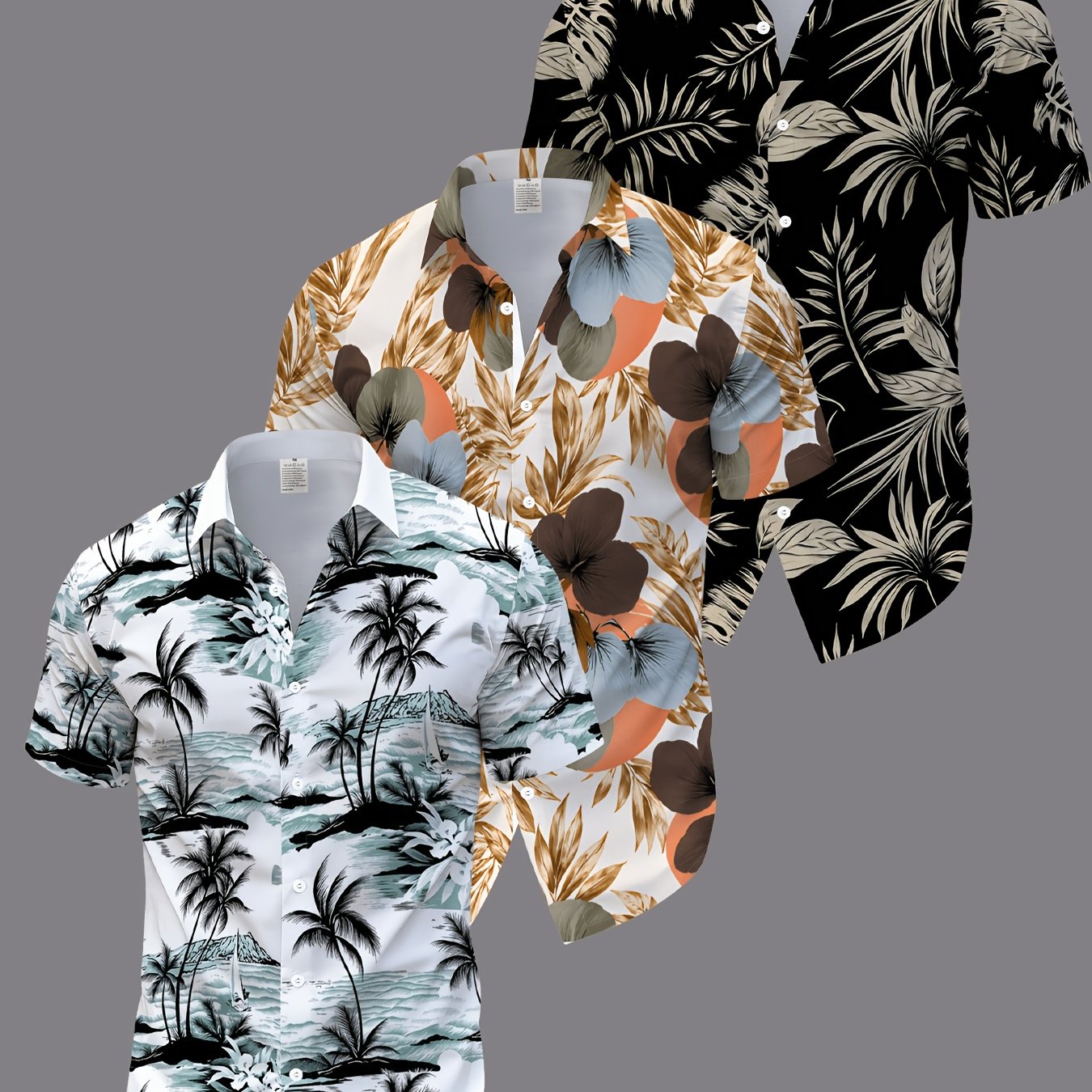 TEMU A Trio Of Men's Casual Hawaiian-style Shirts, Perfect For Summer Beach , Featuring Short Sleeves
