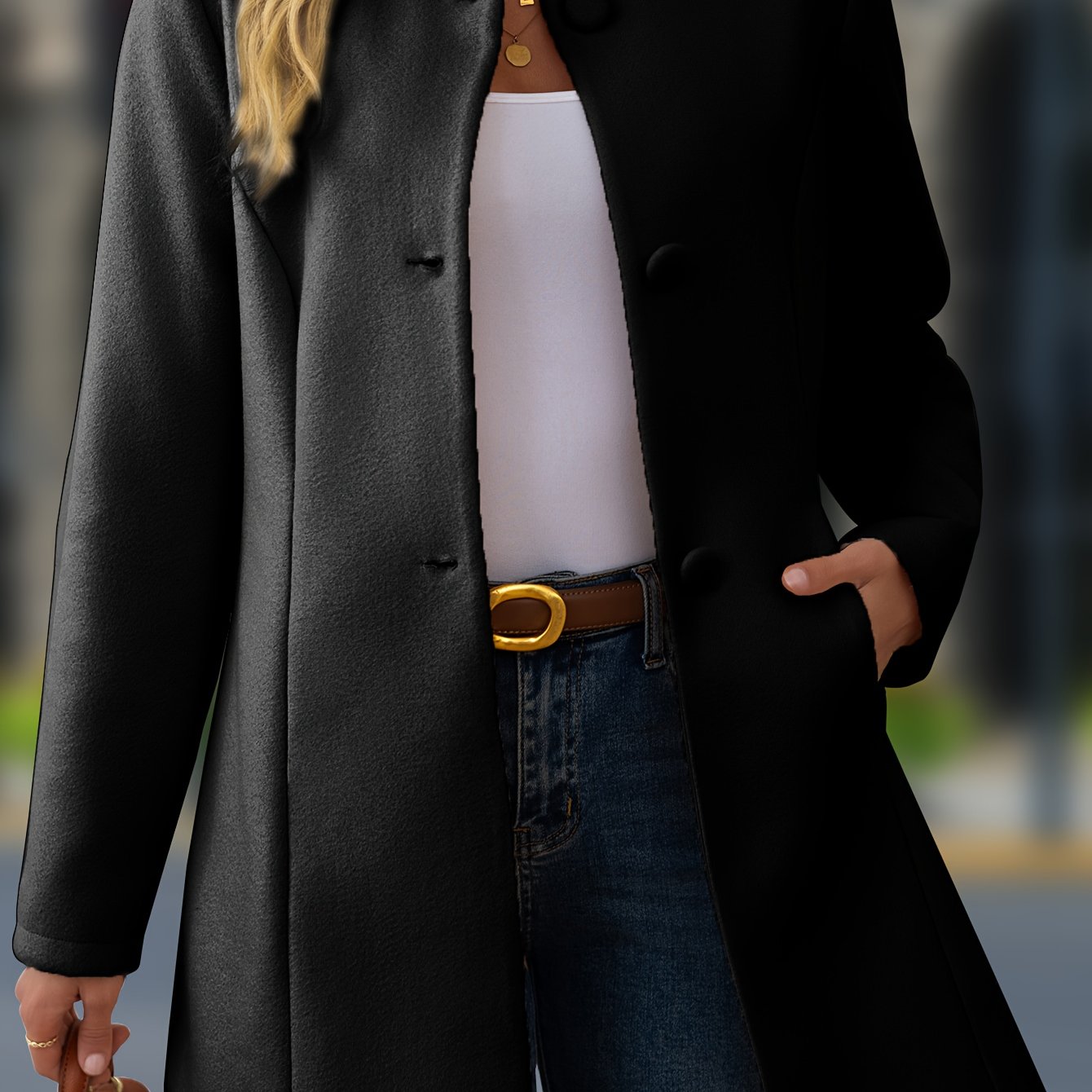 TEMU Chaqueta midi casual de gruesa para mujer con cuello y botones, estilo de otoño/invierno
