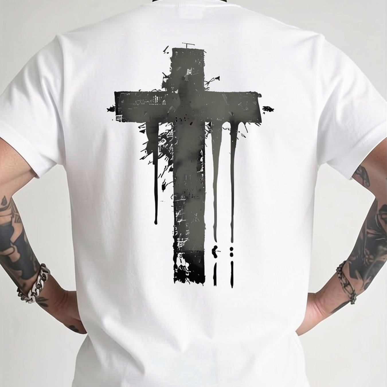 Image of Men's Distressed White Cross Back Print T-shirt - Black Casual Short Sleeve Round Neck Summer Top With White Cross & -like , Breathable Regular Fit For Casual Attire, Parties