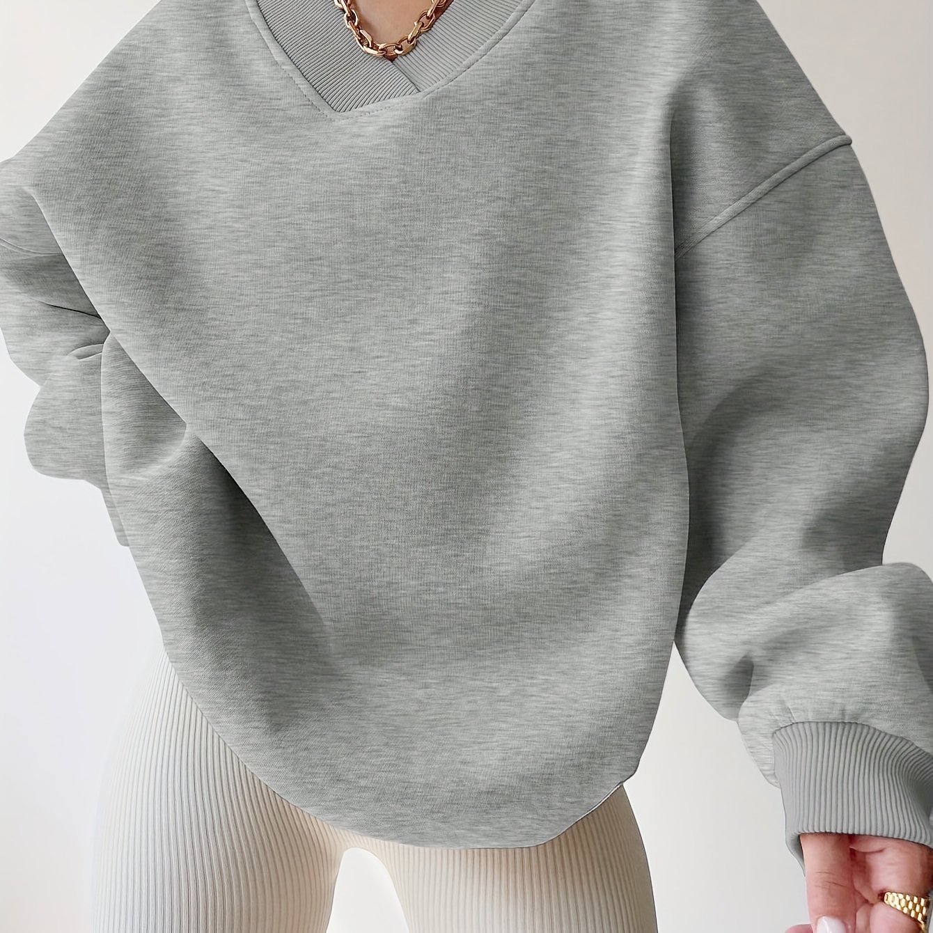 TEMU Elegant Women' Color V-neck Sweatshirt - Casual Loose Fit, Long Sleeve Pullover For Fall & Winter, Machine Washable