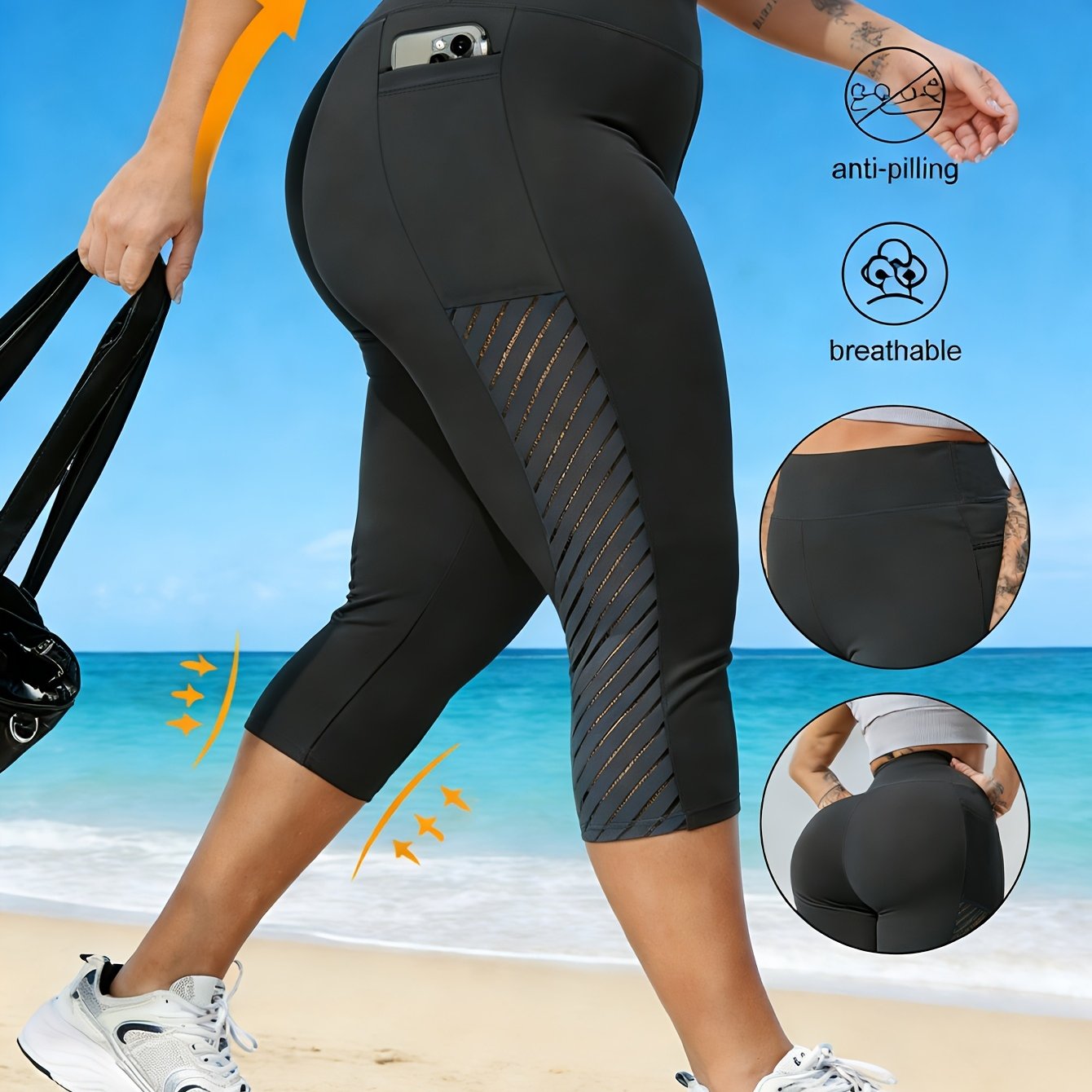 TEMU Plus Size Women's High-waist Tight 3/4 Length Leggings - Side Panel Striped Pocket Pants