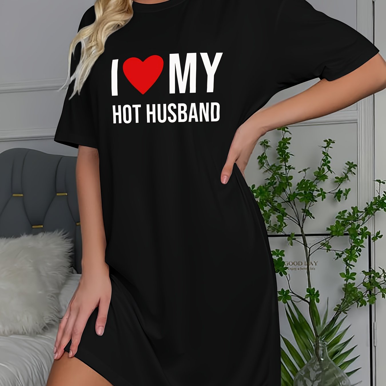E-shop Ich liebe heißen Ehemann" Slogan bedrucktes, bequemes Damen Kurzarm Rundhals T-Shirt Nachthemd - Lässige Nachtwäsche, maschinenwaschbar