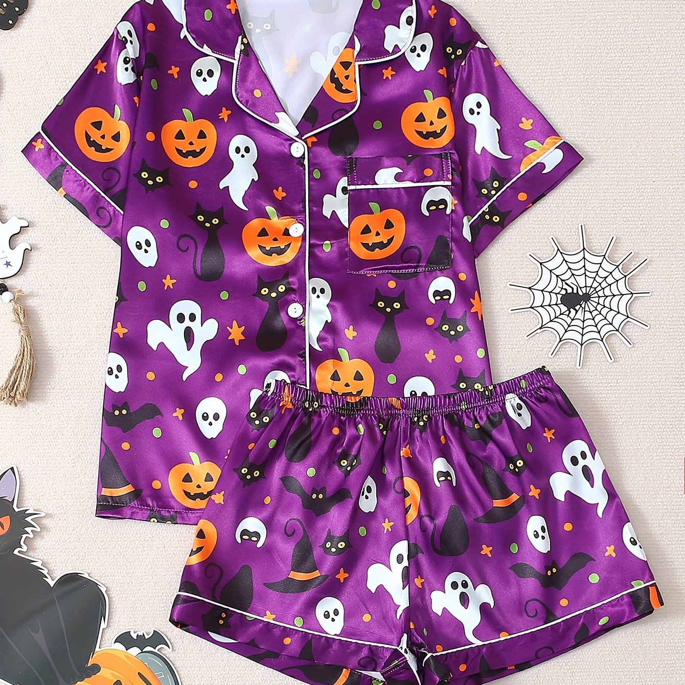 TEMU Women's Halloween Satin Pajama Set, Skull Pumpkin Bat Print, Short Sleeve Lapel Button-up Top And Shorts 2pcs Set, Ideal For Party Wear