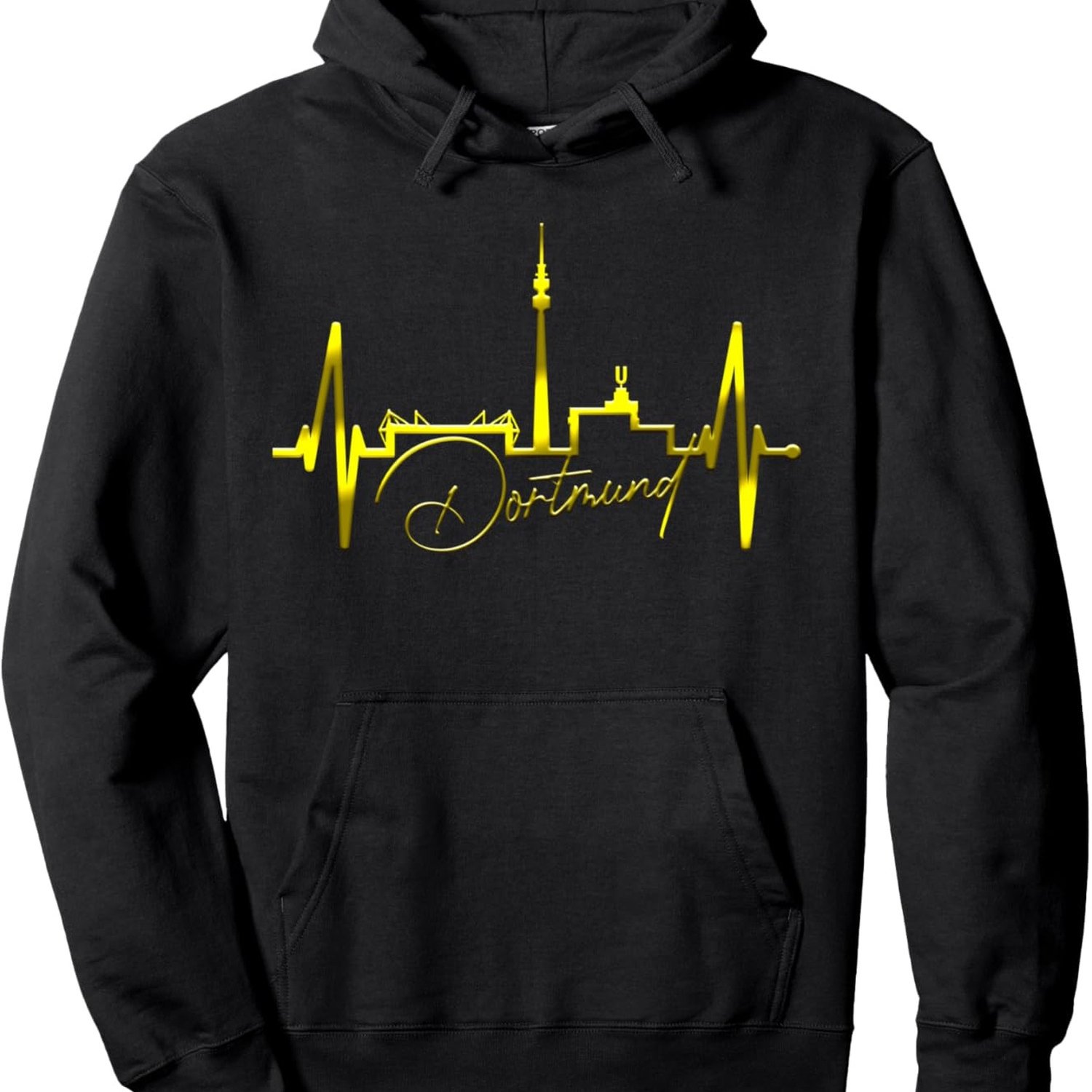 Image of Men's Dortmund Heartbeat Pullover Hoodie| Black With Yellow Graphic, Casual Long Sleeve, Regular Fit, Front Pocket, , Sporty , Nonstretch Fabric, Durable Casualwear, Crew Neck