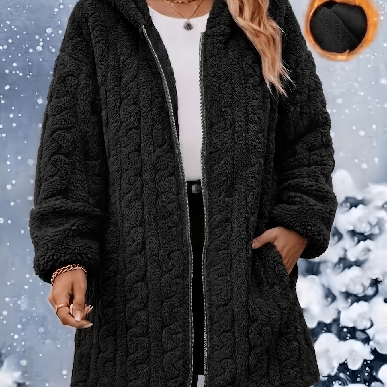 TEMU Veste à capuche torsadée d'automne/hiver pour femme grande taille, couleur unie, à fermeture éclair, mi-longue, épaissie et chaude en teddy