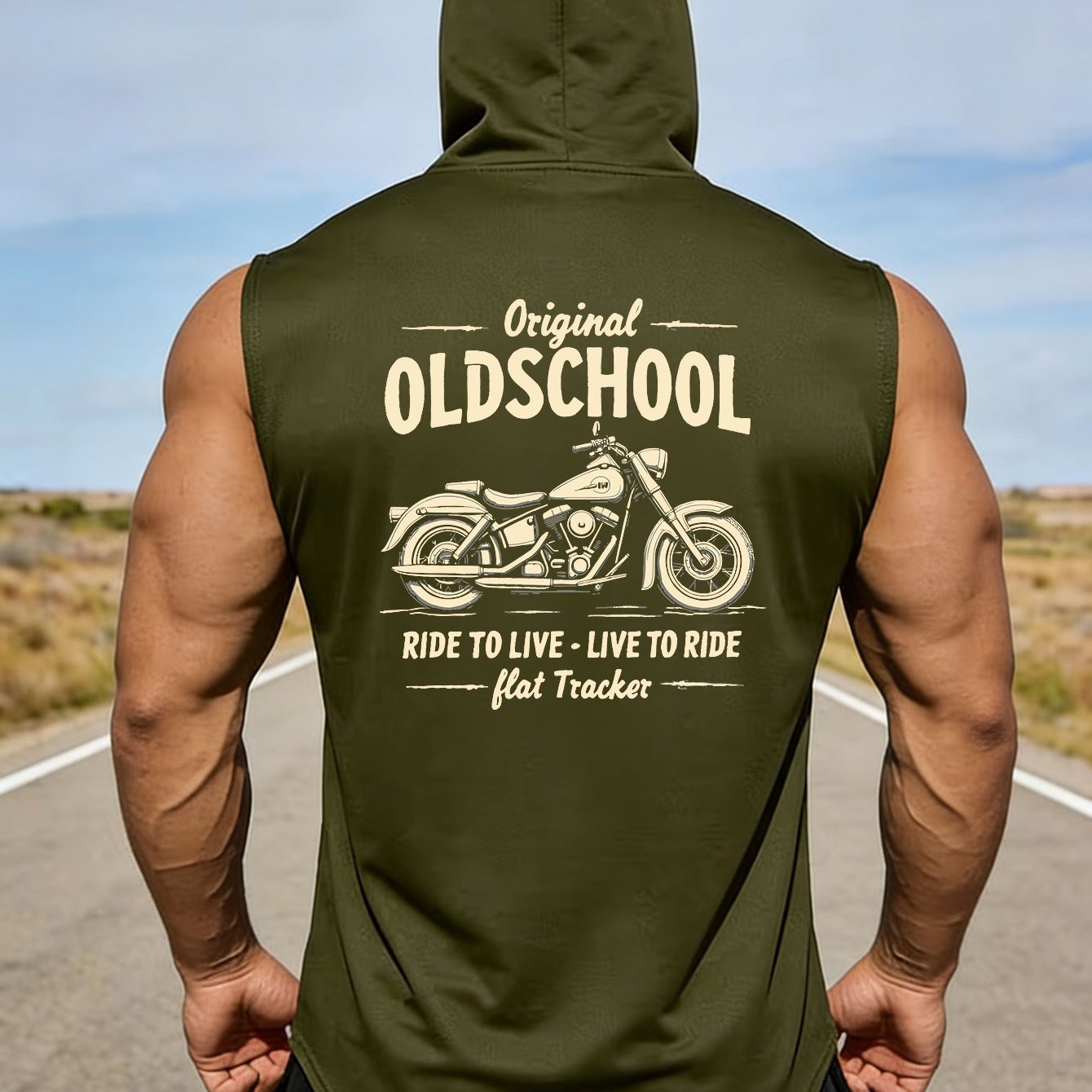 TEMU Oldschool Vintage Motorcycle Pattern Back Print Men's Hooded Sleeveless Vest, Biker Casual Outing Style, Riding Enthusiasts, Suitable For