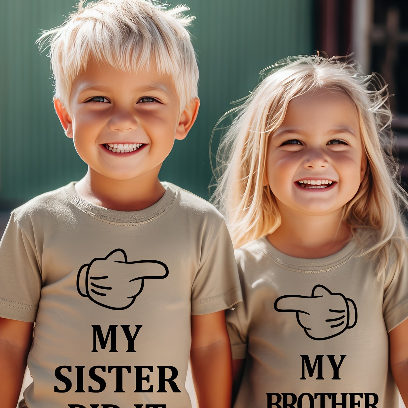 Image of Girl My Sister Did It/my Brother Did It Letter Fingerprint Print Summer Casual Versatile Round Neck T-shirt Creative Sibling Single Piece Top