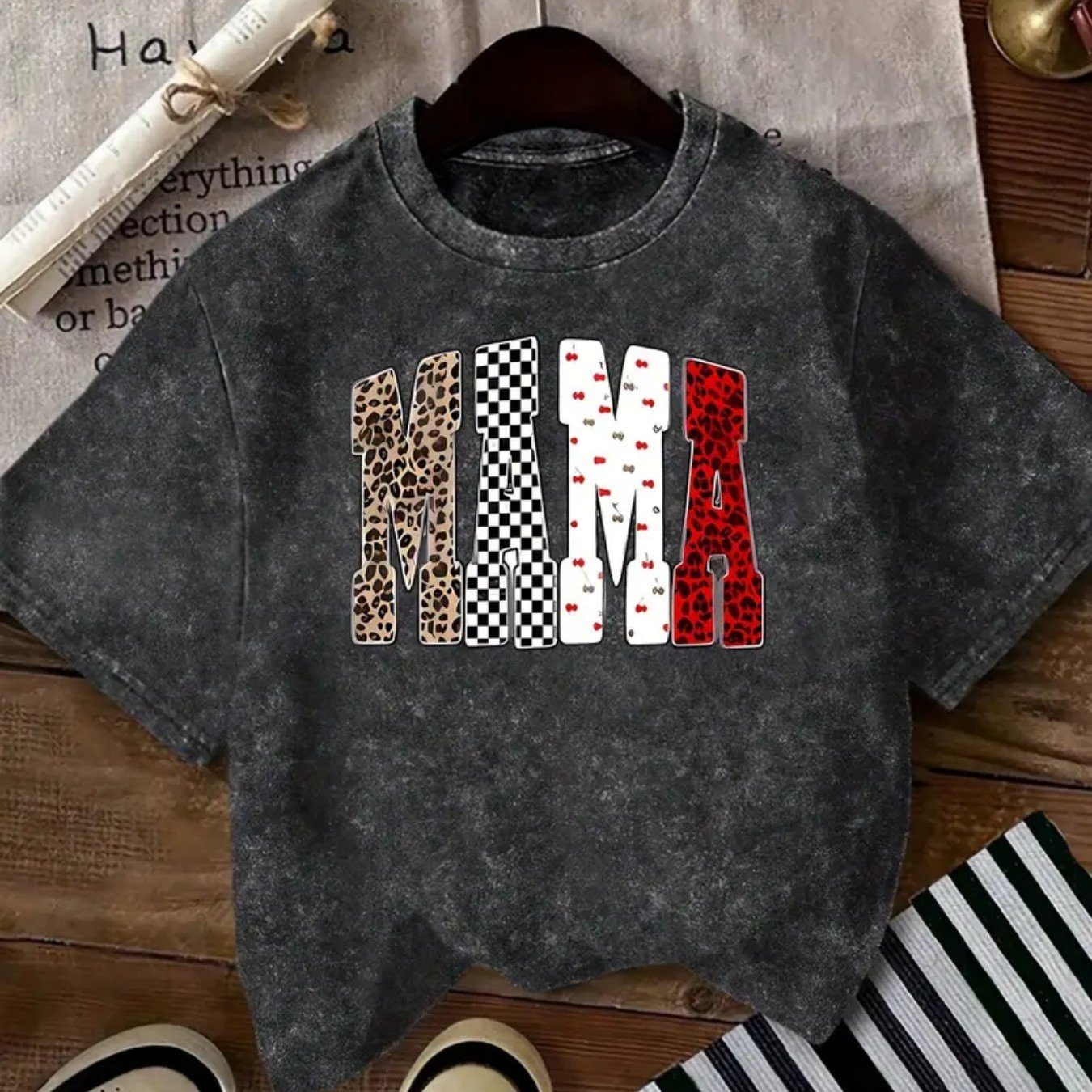 TEMU Women's Vintage Oversized T-shirt - Breathable Retro Plaid & Floral Letter Print Top - Loose Fit Casual Short Sleeve Blouse For Spring Summer