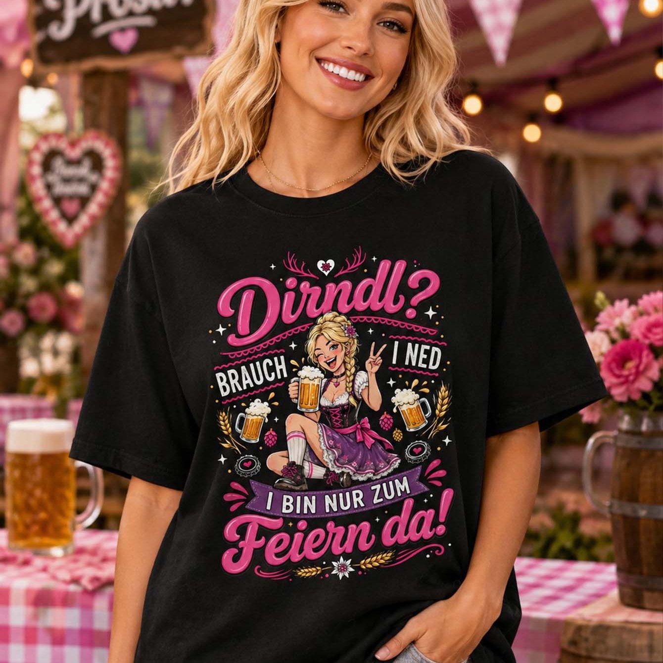 Image of Plus Size, Dirndl, Just Here For , Oktoberfest, Loose Ladies' Patterned T-shirt, Casual Short-sleeve, Black Vintage Style, Party Festival Gift