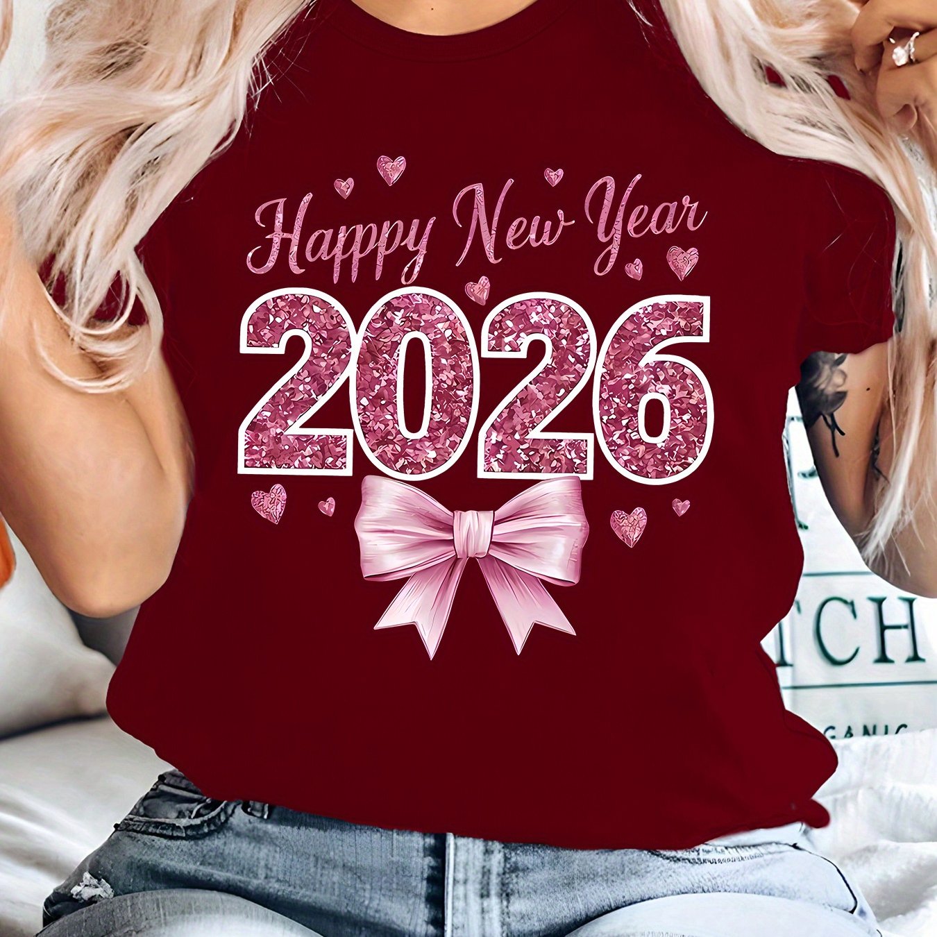 TEMU Plus Size - Women's Plus Size New Year 2026 Glitter Graphic T-shirt - Vibrant Short Sleeve Round Neck Top With "happy New Year" Text & ,