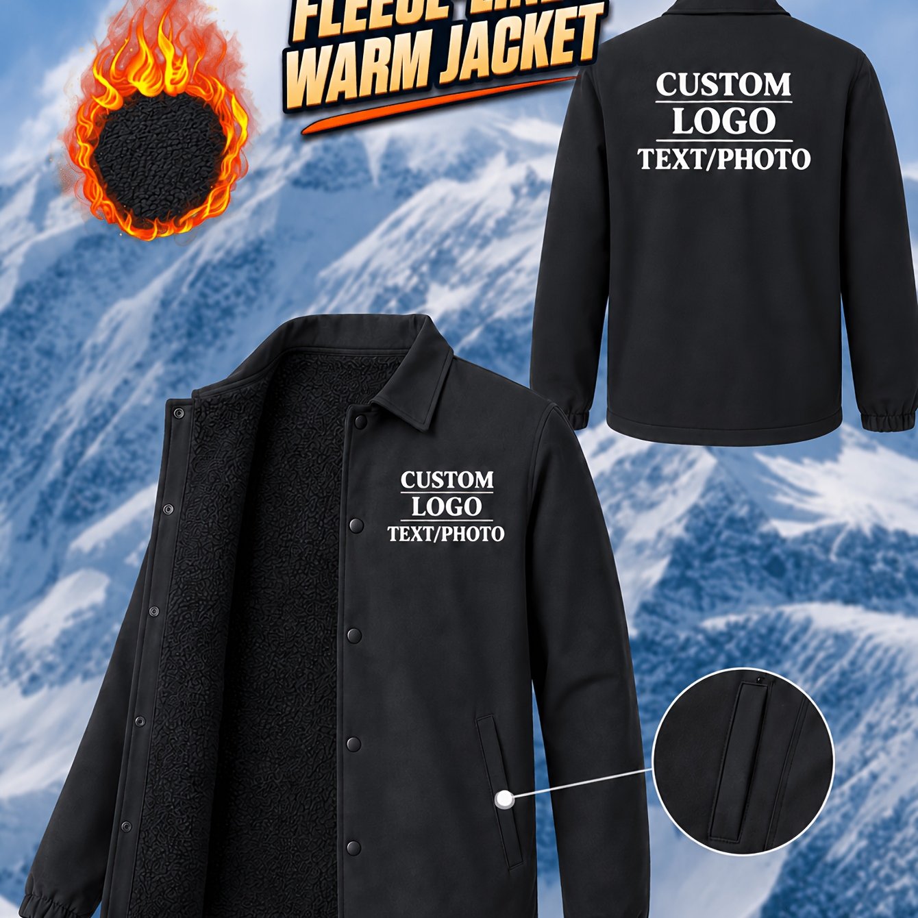 TEMU Custom Logo Knitted Polar Fleece Jacket, Men's Warm Soft Fleece-backed Lapel Coat With Adjustable Hem, Personalized Team Uniform Outerwear For