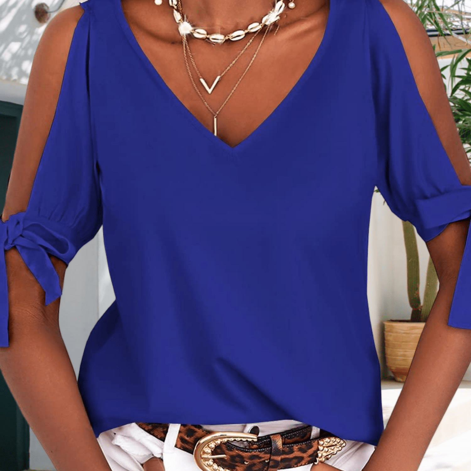Women's Summer Cold Shoulder V Neck Short Sleeve Cutout Loose Casual Fashion Tshirt Blouse Top | Solid Color
