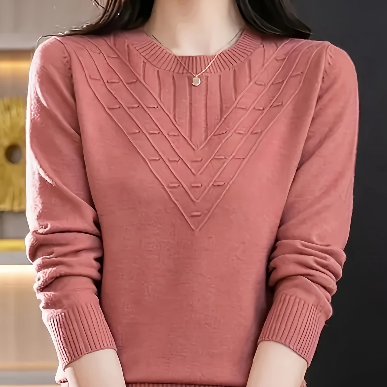 TEMU Women's Elegant Solid Color Round Neck Blouse - Medium-stretch Sweater Shirt, Versatile Long Sleeve Top For Office, Semi-formal & Smart-casual