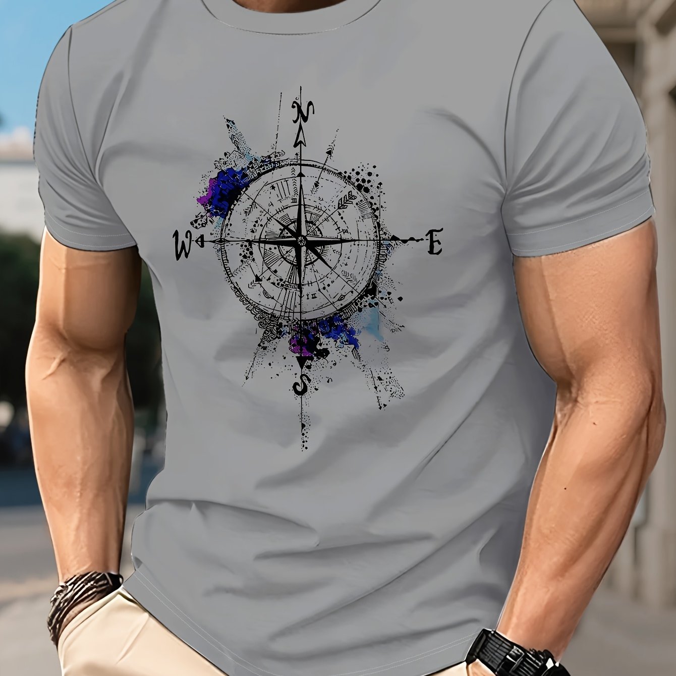 TEMU Camiseta de Cuello con Estampado de para Hombre [Confort Diario] - Poliéster Transpirable, Estilo Casual , Top de Manga Corta, Ideal para