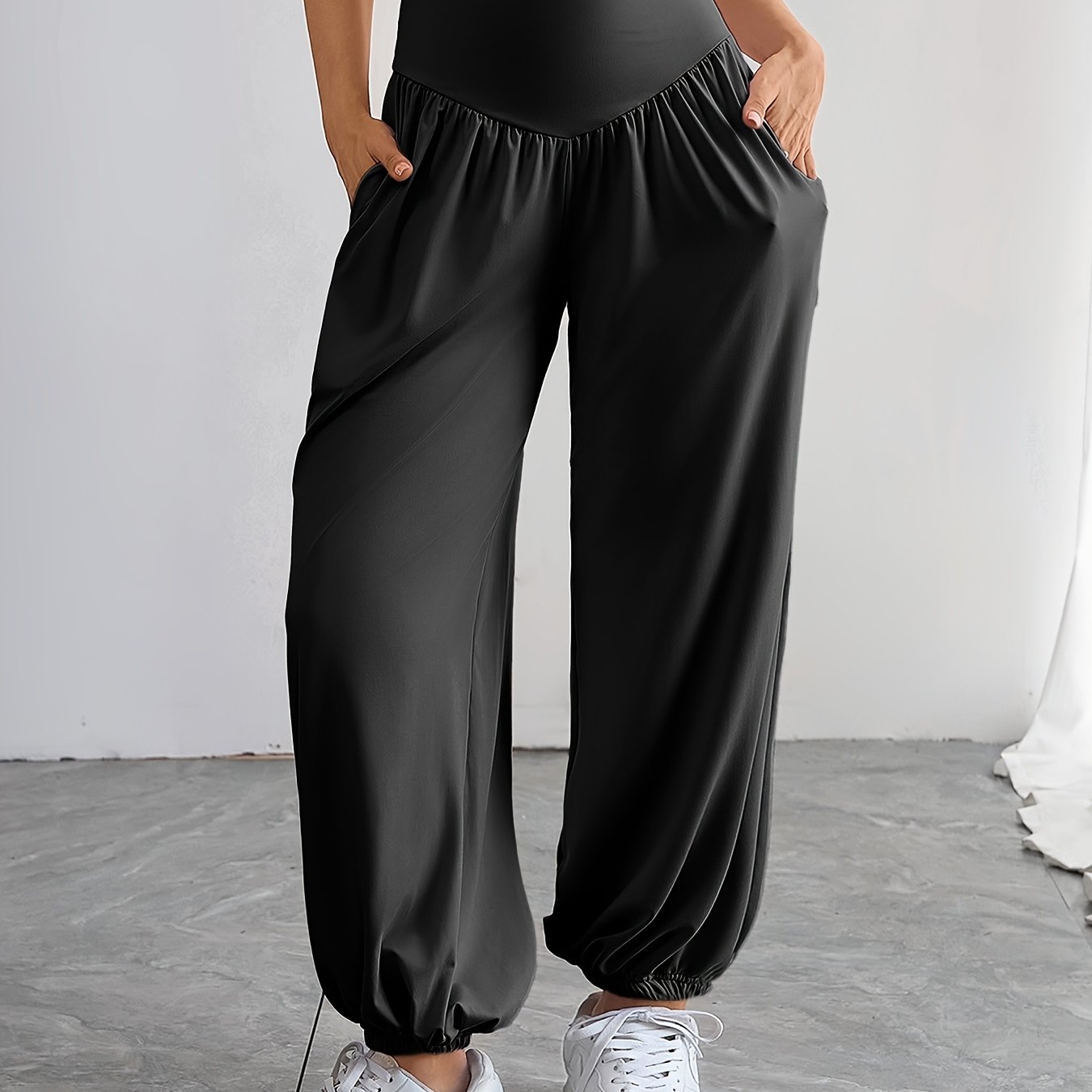 K1182-1# Lantern Pants High Waist Tied Feet With Pockets Solid Color Loose Versatile Yoga Fitness Exercise Casual Sports Pants Women
