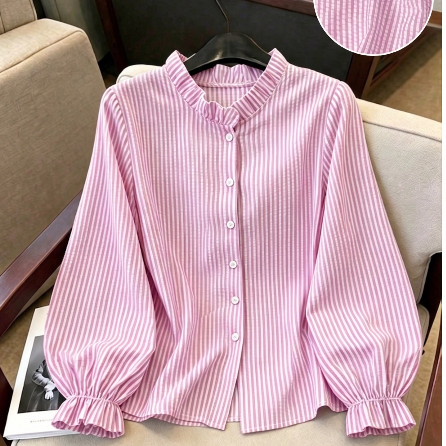 TEMU Women's Long Sleeve Shirt, Casual Daily Comfortable Puff Striped Sleeve Top Suitable For Spring And Autumn