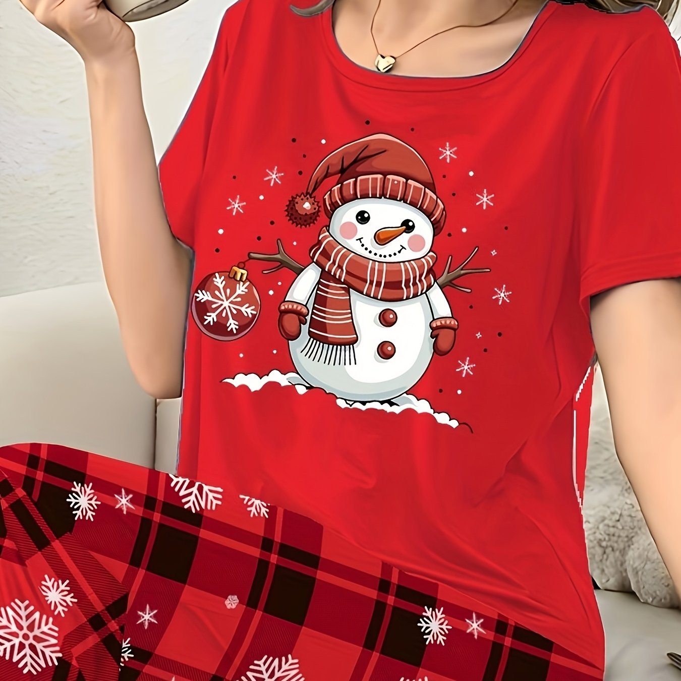 TEMU Women's Christmas Cute Snowman Print Round Neck Short Sleeve Top | , Geometric Pattern, All Season