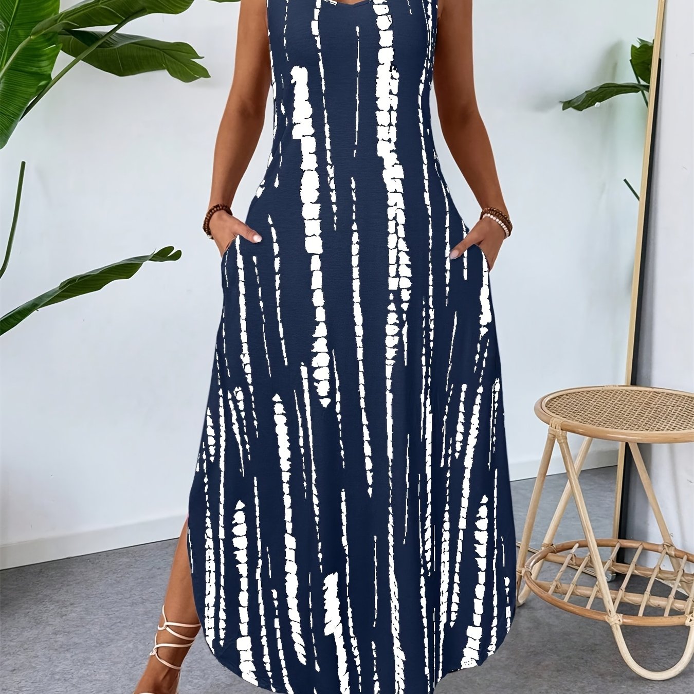 TEMU Women's Long Vest Dress With Round Neck, Asymmetric Hem, Side Slit, Sleeveless Geometric Print, Waist-tied Casual Elegant Holiday Pocket Dress