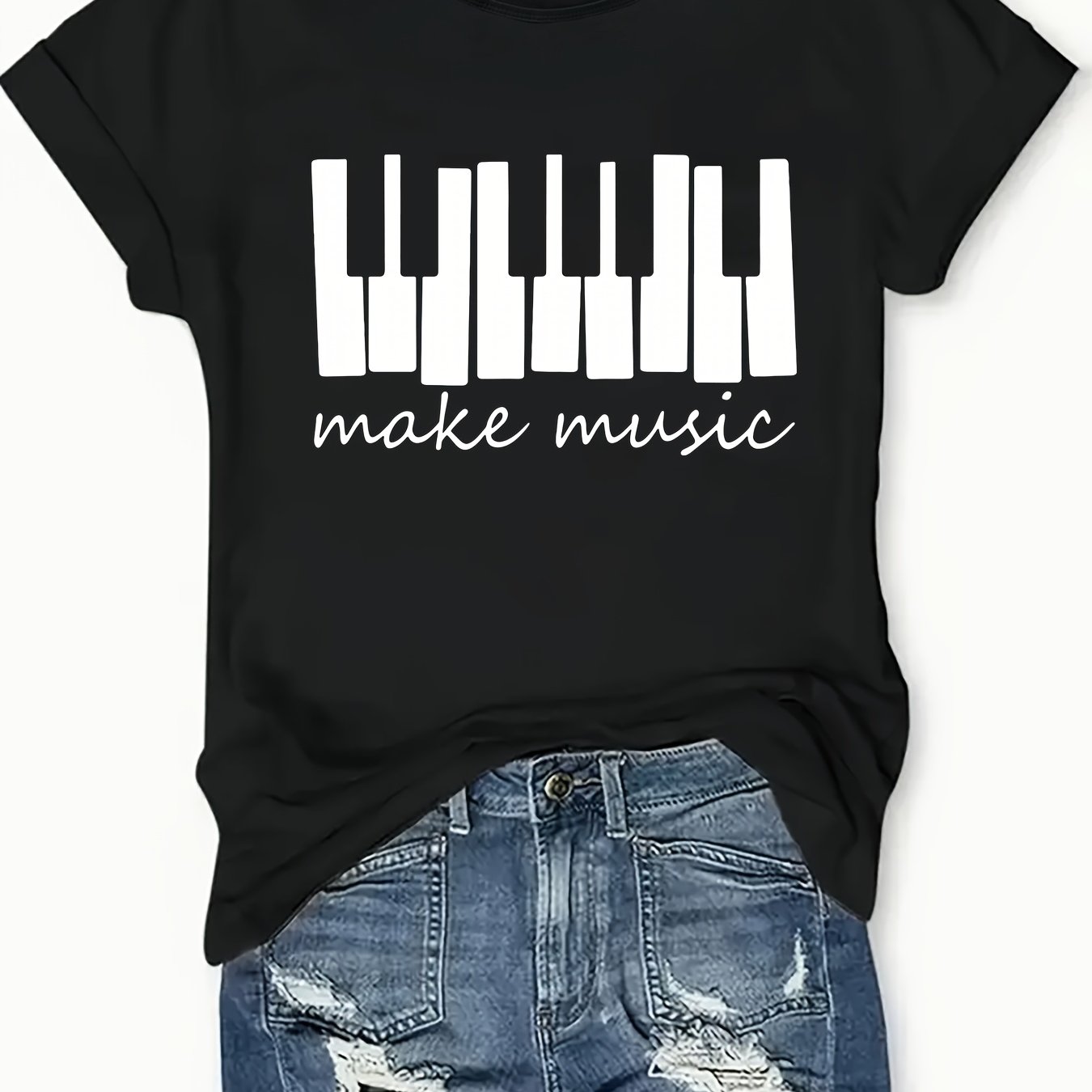 TEMU Women's Casual Short Sleeve T-shirt With Piano Keys "make Music" Print, Round Neck, Summer Sports Versatile Top