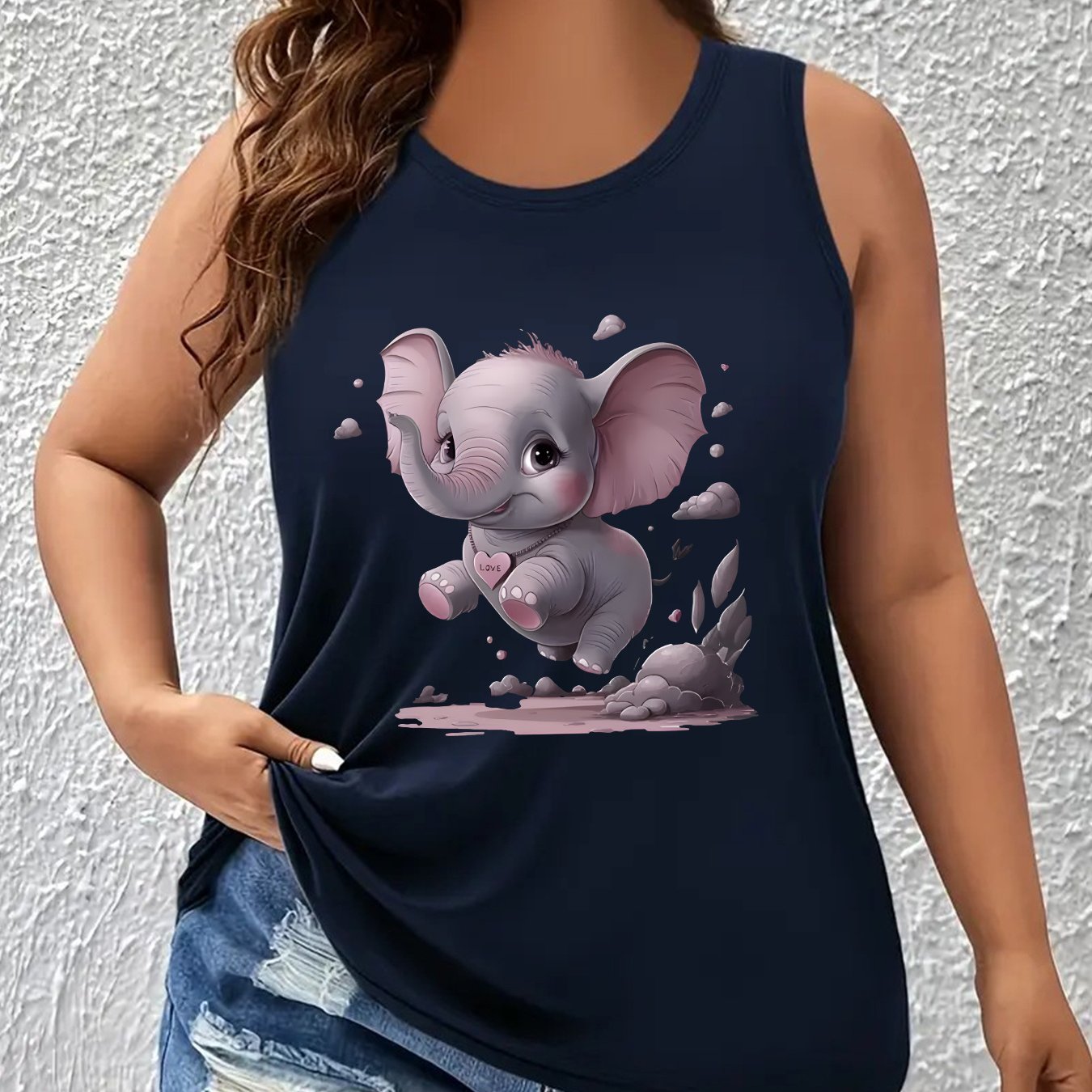 TEMU Women's Plus Size Casual Sleeveless Tank Top With Cartoon Elephant Print - Soft Round Neck Breathable Fabric, Machine Washable Fit, Casualwear,