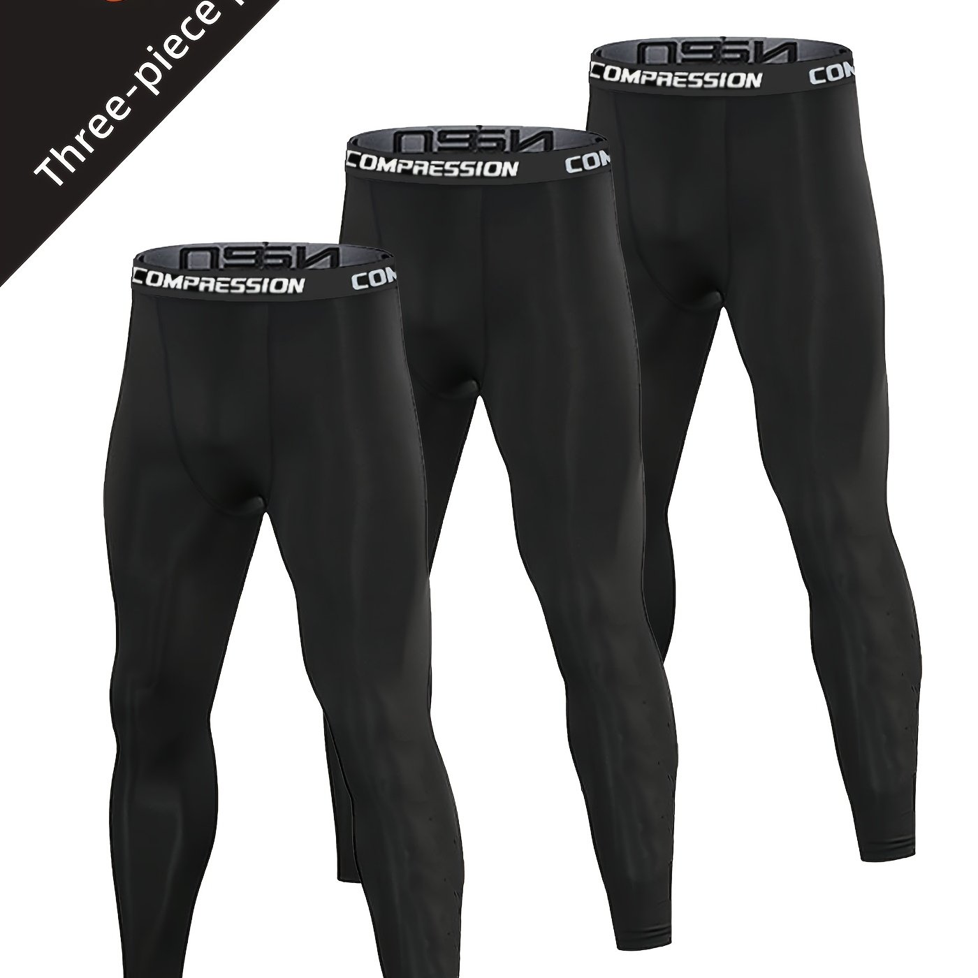 TEMU Set Of 3 Men's Leggings, High-elastic Base Layer For Fitness, Running, And Basketball Training, Solid Black Compression Pants