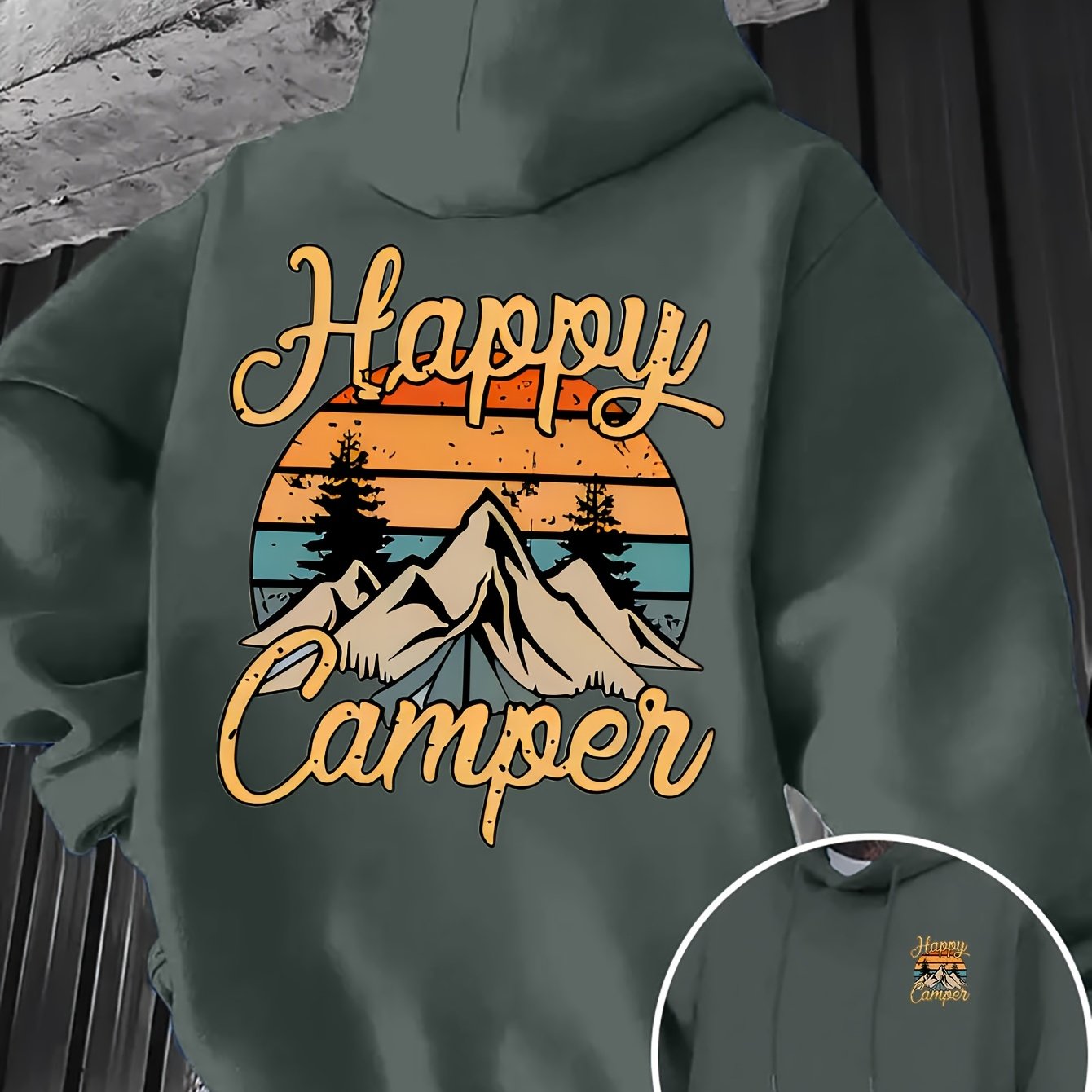 E-shop [Ling Moyun ] Herren Herbst/Winter trendiger bedruckter Kapuzenpullover mit Samt, "Camping"-Aufdruck, 250g schweres Gewicht, 100 %