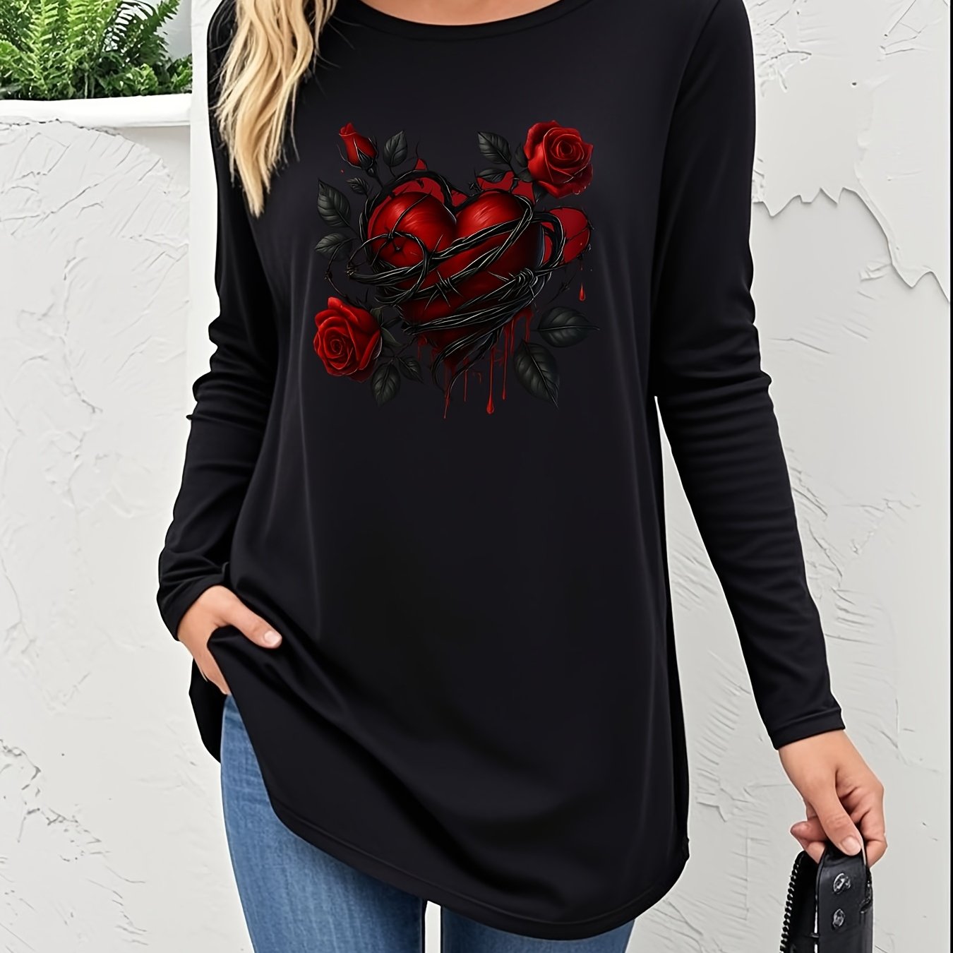 TEMU Fashionable Long-sleeve T-shirt For Women With A Red Rose Pattern, Soft, Comfortable, And Machine Washable