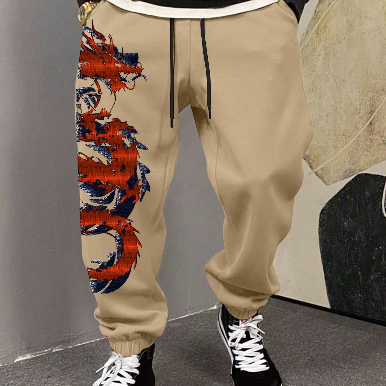 TEMU Plus Size Joggers, Street Style Men's Ankle-cinching Sweatpants, Pattern Print, Drawstring Design Regular Fit, Casual Long Pants