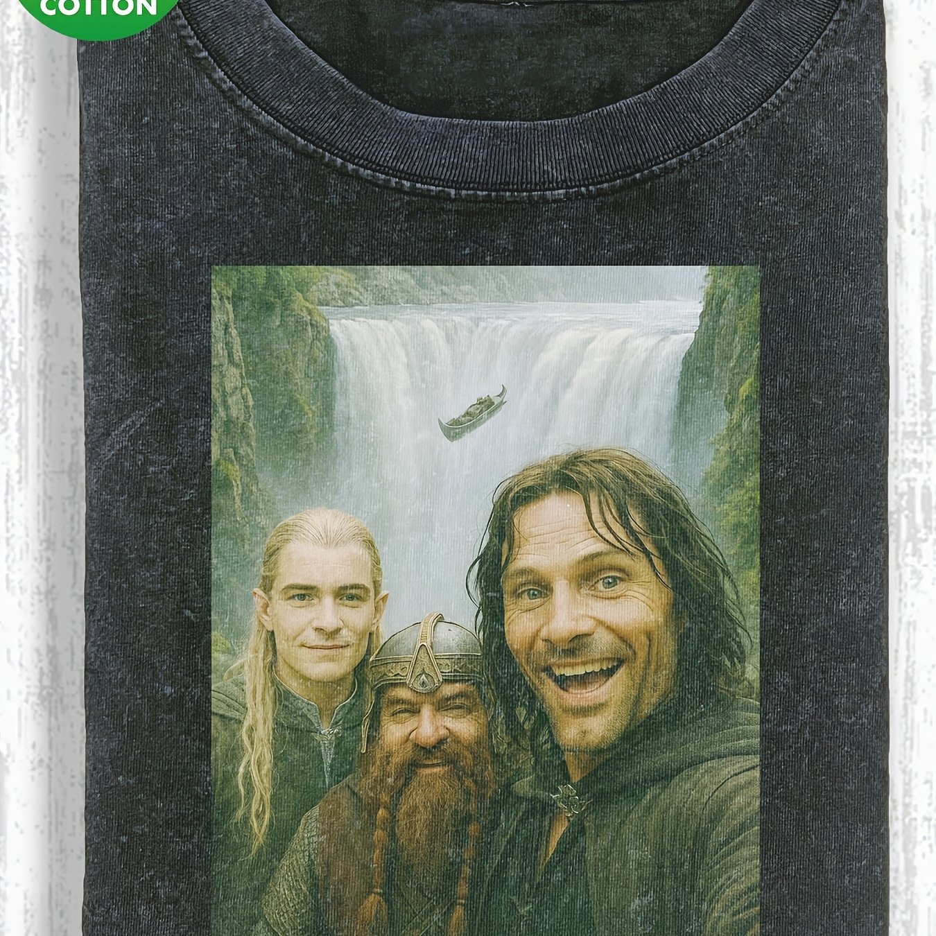 The Trio Waterfall Selfie Meme Washed Men's T-shirt, 230g Pure Cotton, Men's Summer Clothing, Vintage Distressed Style, Men's Gift, Casual Outing And Vacation