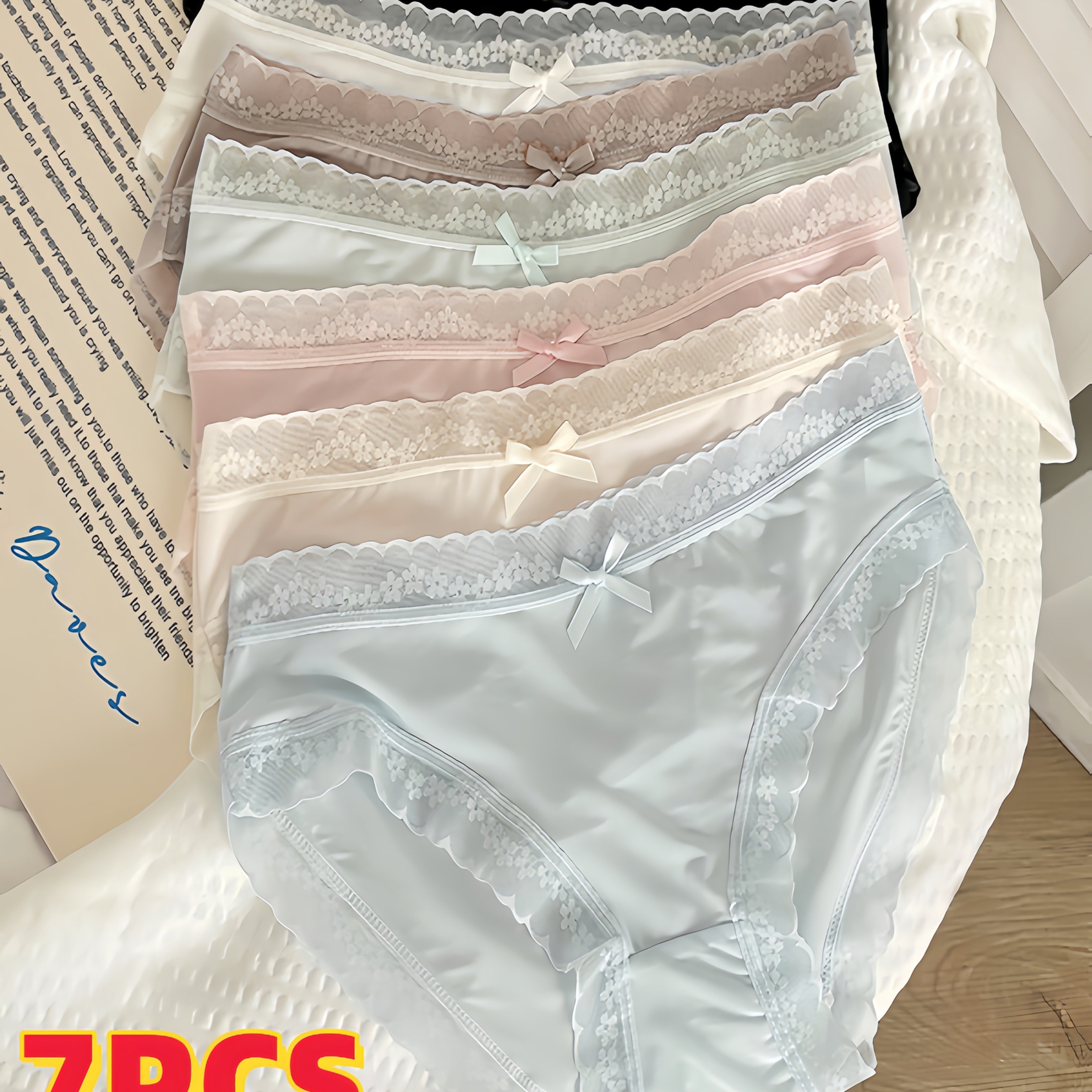 Image of 7pcs Set Of Seamless Ice Lace Women's Underwear, Summer Thin High-waisted Sexy Lace Trim Triangle Briefs, Breathable Quick-dry Mask Pants Triangle Panties.