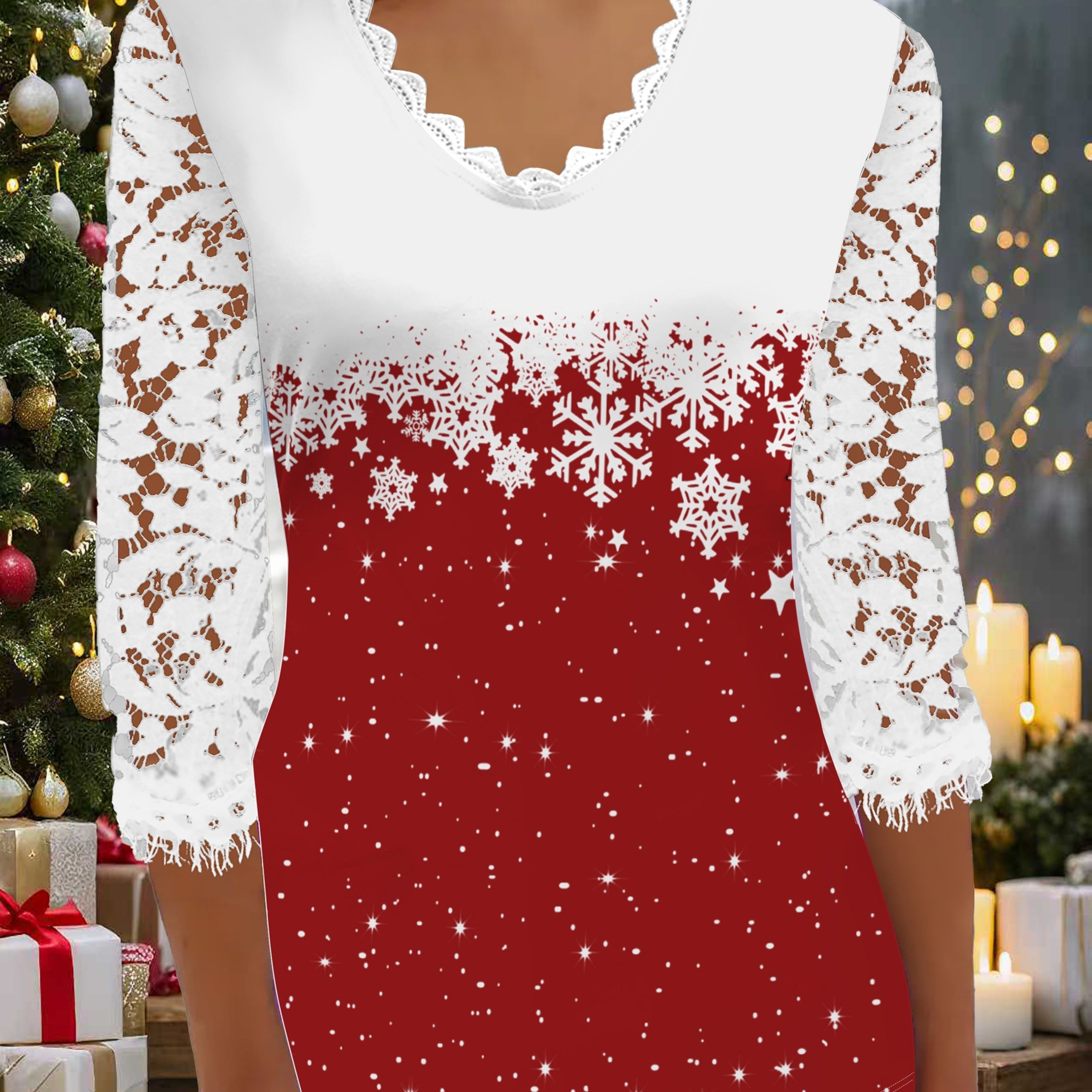 Image of Festival-themed Elegant Women's Lace T-shirt, Women's Elegant Lace Snowflake Print Top