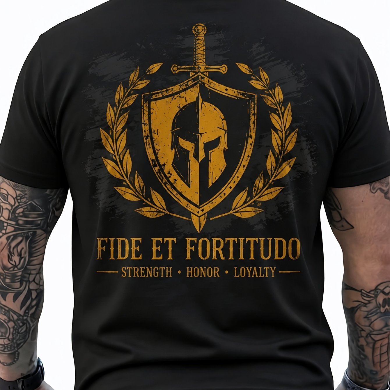 Image of Men's Vintage Short Sleeve Graphic T-shirt, Spartan Warrior Emblem Print, Strength , Casual Streetwear For Daily Wear