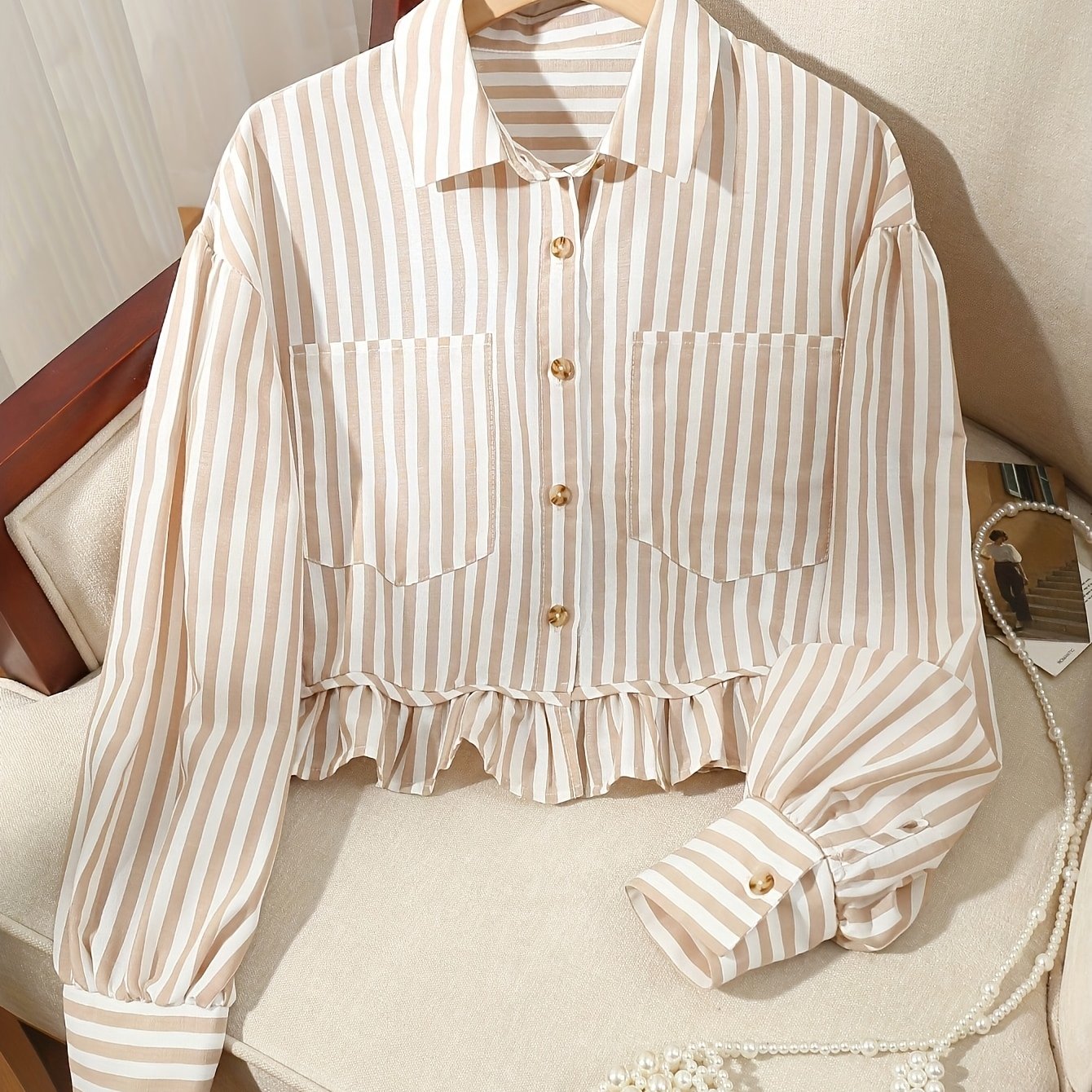 TEMU Spring/autumn New Arrival Elegant Lapel Notched Shoulder Lantern Sleeve Long Sleeve Striped Shirt With Patch Pockets, Ruffle Hem , Short Cropped