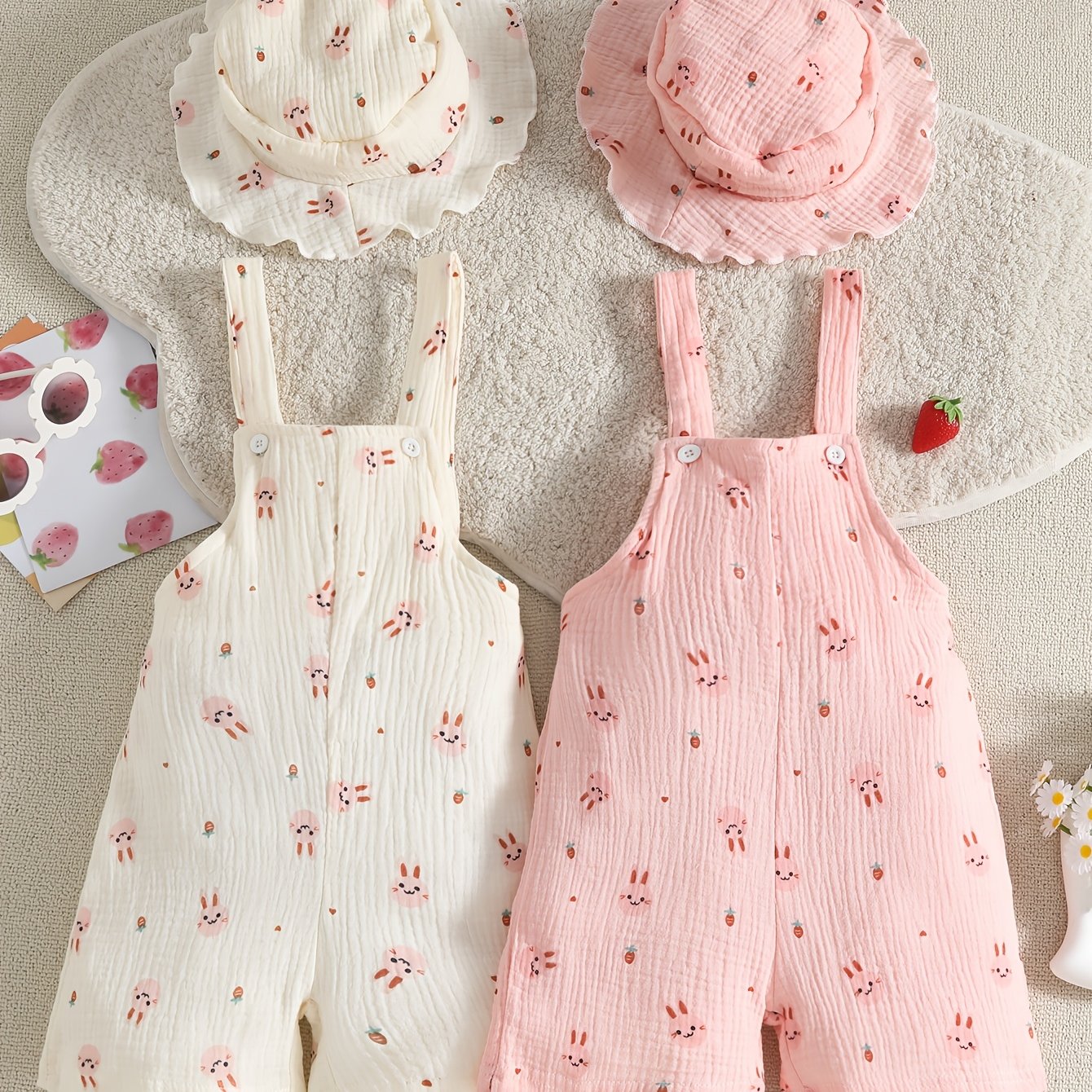 Image of 2pcs Set Of Children And Children's Baby Gauze Banding Suspender Shorts And Matching 1pc Cute Hat Casual Outfit, Perfect For Outdoor