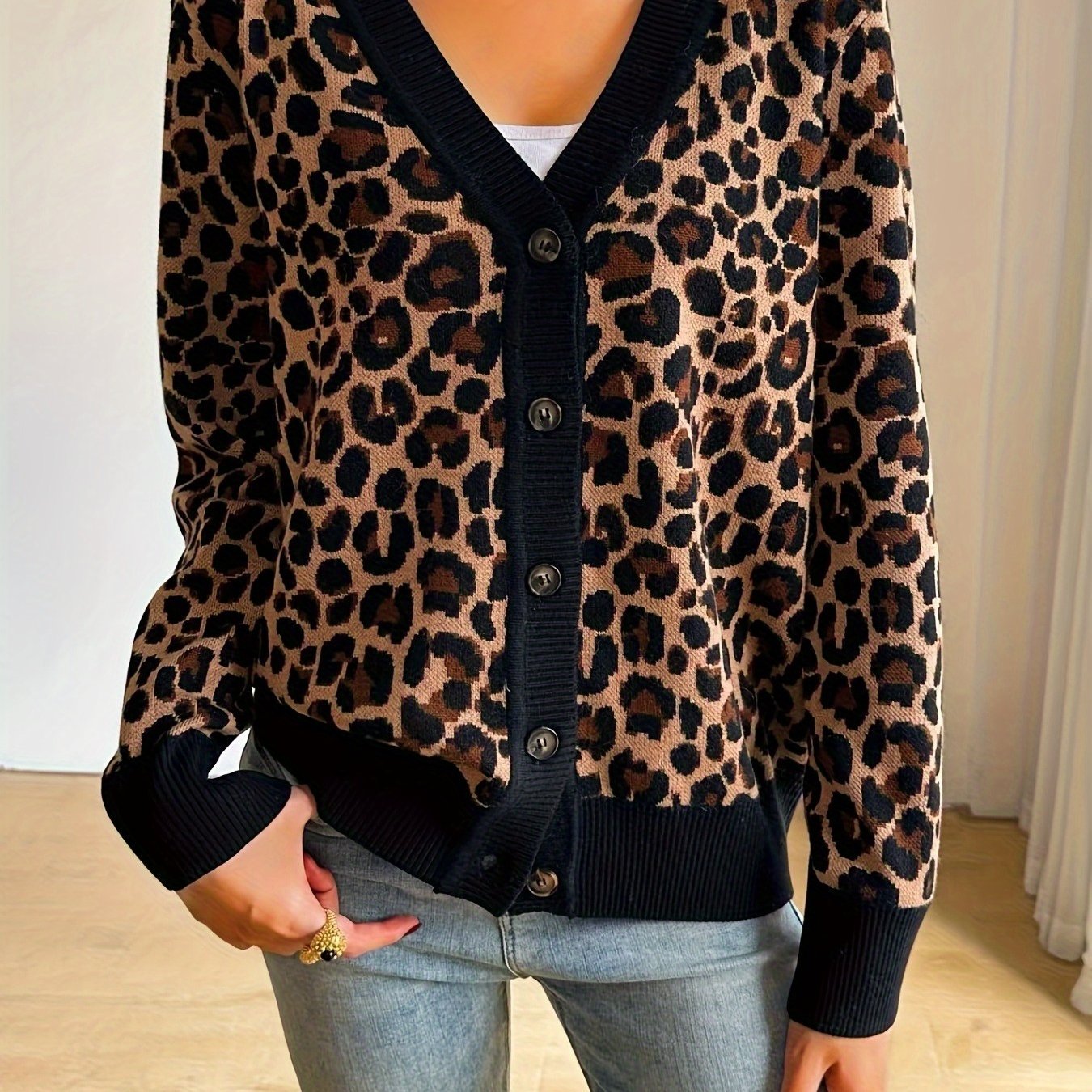 Leopard Print Jacquard, Women's Sweater Cardigan