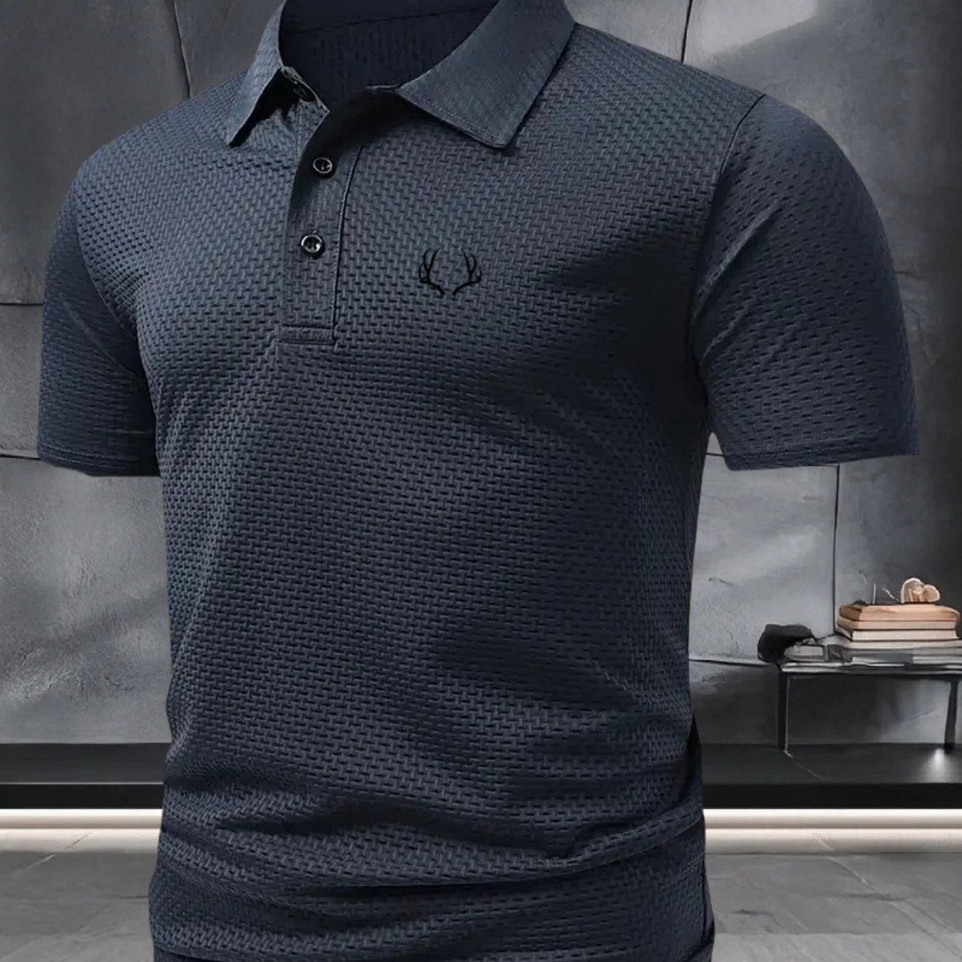 E-shop FS564 Herren Business-Freizeit-Polohemd mit Widderhorn-Musterdruck, schnelltrocknendes knitterfreies bügel-freies Kurzarm-T-Shirt mit Kragen,