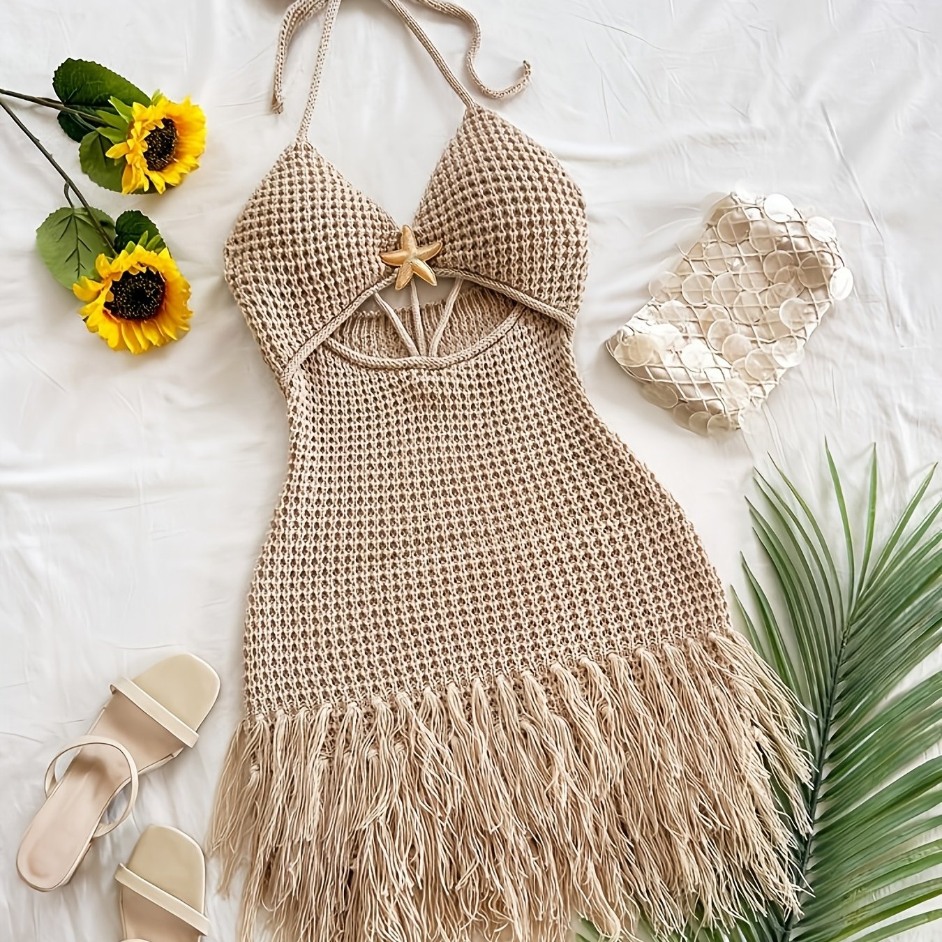 TEMU Women's Summer Clothing Bohemian Style Beach Short Skirt Solid Color Starfish Tassel Hem Halter Cover-up, Music Festival And Pool Party Outfit,