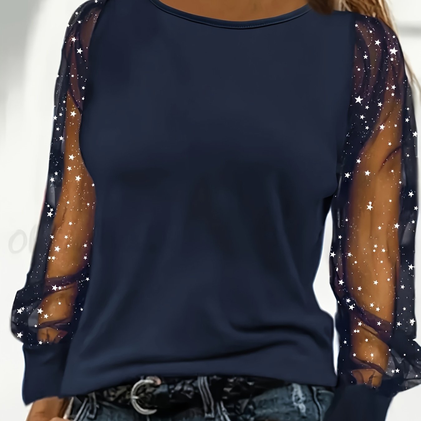 TEMU Elegant Women' Color Top With Contrasting Mesh & Sequin Lantern Sleeves, Round Neck Medium Stretch Blouse - Breathable Lace Trim, Machine